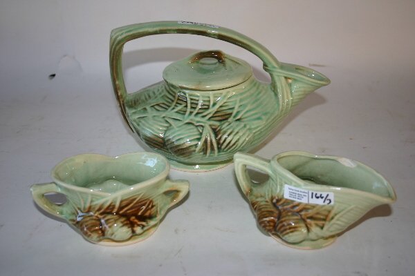 3 Piece McCoy Tea Set: 3 Piece McCoy Tea Set, green, chip to creamer
