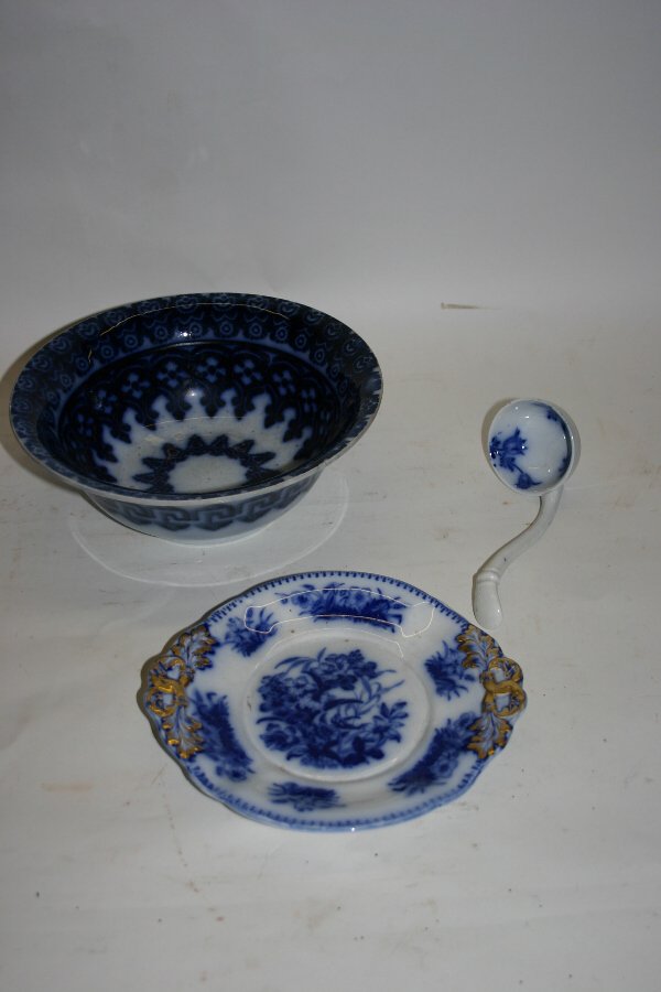 3 Pieces Flow Blue: 3 Pieces Flow Blue: small 7 3/4" handled tray, 7" sauce ladle, 9" deep brush stroke bowl with chip to base
