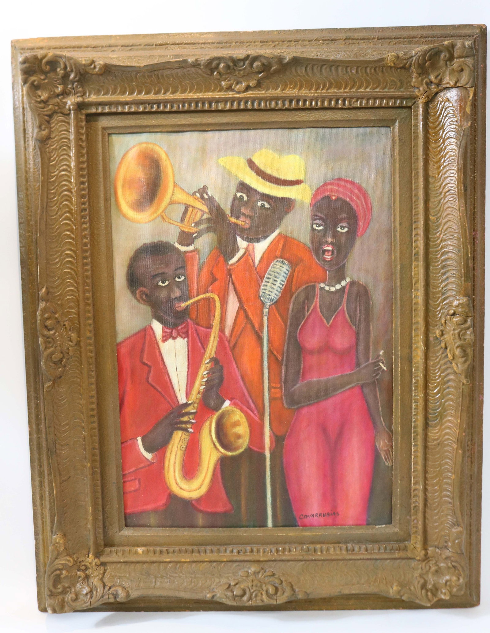 AFTER COVARRUBIAS, MIGUEL COVARRUBIAS 1904-1957: MEXICO CITY, OIL ON BOARD, JAZZ MUSICIANS, SIGNED LOWER RIGHT, 19" x 13" SIGHT, 28 1/2" X 22 1/4" OVERALL, AS IS GESSO FRAME, SOLD AS COPY