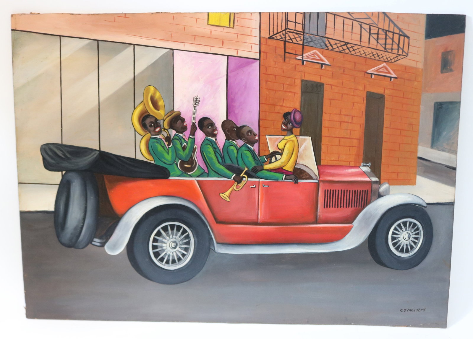 AFTER COVARRUBIAS, MIGUEL COVARRUBIAS 1904-1957: MEXICO CITY, OIL ON BOARD, JAZZ BAND IN TOURING CAR, UNFRAMED, SIGNED LOWER RIGHT, 19 1/2" X 27 1/4" OVERALL, SOLD AS COPY