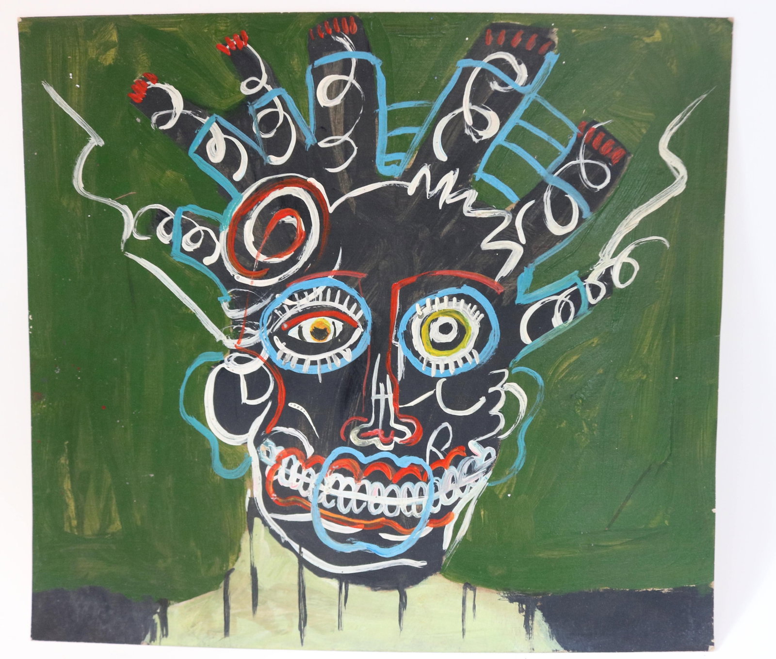 AFTER BASQUIAT, JEAN MICHAEL BASQUIAT 1960-1988,: NYC. OIL ON HEAVY PAPER, ABSTRACT PORTRAIT, CROWNS VERSO, UNFRAMED, 12 1/2" X 14", SOLD AS COPY
