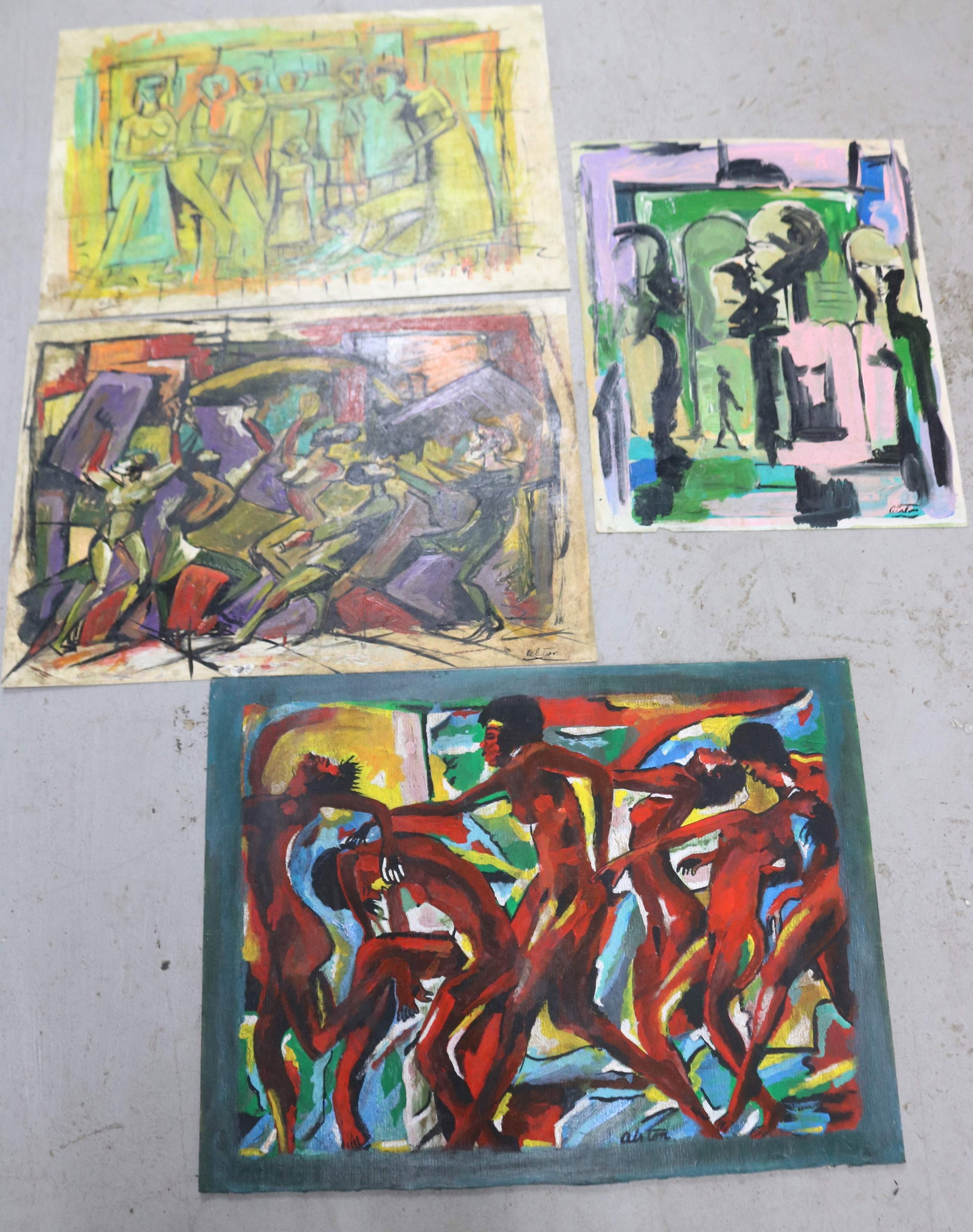 AFTER ALSTON, CHARLES HENRY ALSTON, 1907-1977, 4: UNFRAMED ABSTRACT PAINTINGS WITH FIGURES, OIL ON CARDBOARD & PAPER, TWO 17" X 24", ONE 19 1/4" X 25 3/4", ONE 20" X 16", ALL SOLD AS COPIES