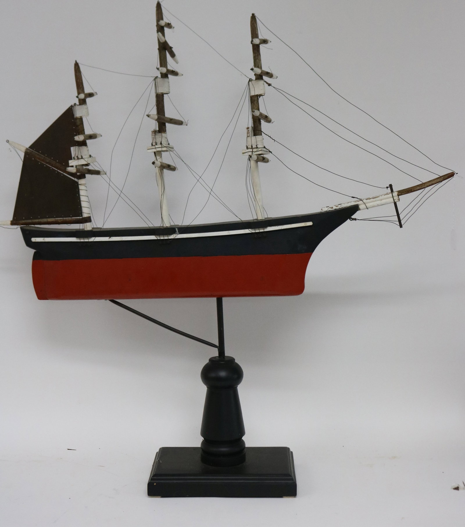 VINTAGE SHIP WEATHERVANE ON STAND, PAINTED WOOD &: METAL, 3 MASTS, 41 1/2" H, 39" W, 9 1/2" D OVERALL SIZE, GOOD CONDITION, C-1950s