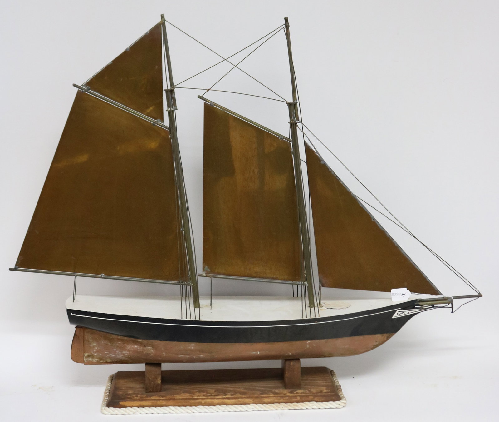 QUALITY CUSTOM MADE SCHOONER WEATHERVANE ON: CUSTOM BASE, PAINTED WOOD WITH COPPER SAILS, 33 3/4" OVERALL HIGH, 41 3/4" L, 8" W