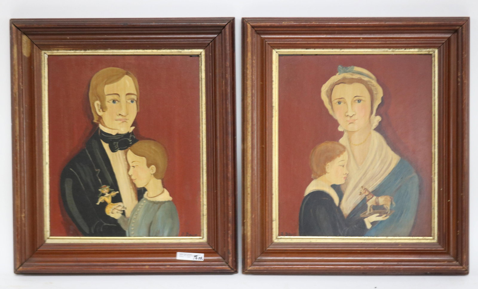 DORTHY DAVIS, 1910-1991 PAIR CONTEMPORARY: PRIMITIVE PORTRAITS, PARENTS WITH CHILD, OIL ON MASONITE, SIGNED LOWER LEFT & LOWER RIGHT, 12" X 10 1/2" SIGHT, 16 3/4" X 14 3/4" OVERALL