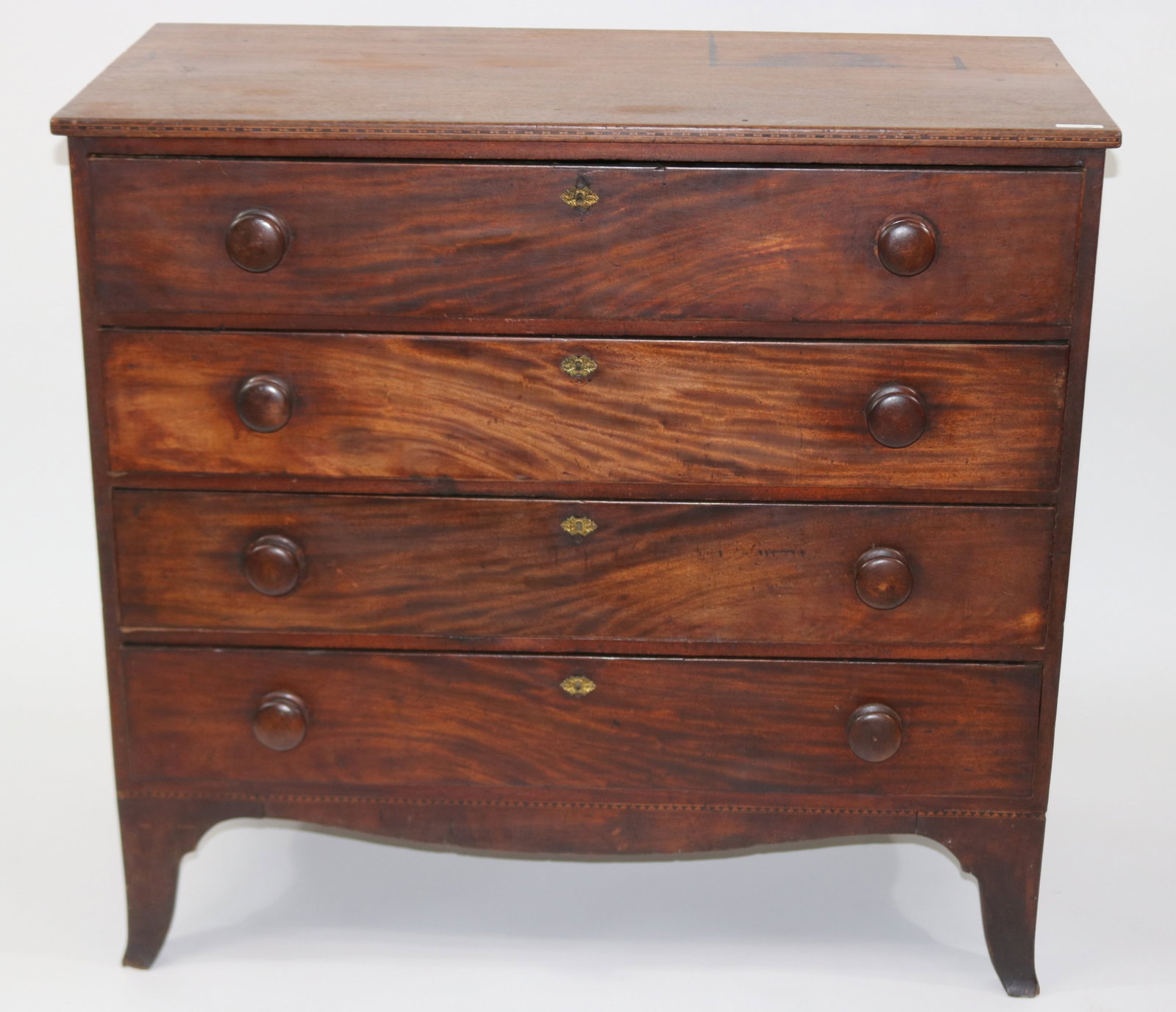 HEPPLEWHITE 4 DRAWER CHEST, MAHOGANY, BAND INLAY,: FRENCH FEET, OLD FINISH, AGE APPROPRIATE WEAR AND SOME OLD MOUSE ACTIVITY AND STAINS TO TOP, 37 1/2" H, 40 1/2" W, 20" D