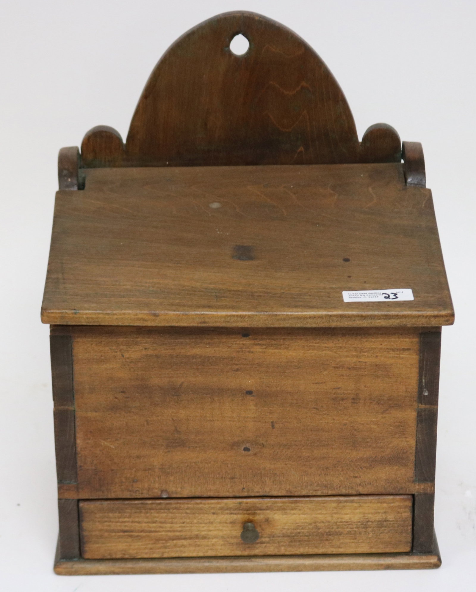 19TH C. WALL BOX, NAILED & DOVETAIL CONSTRUCTION,: FOUND ON NANTUCKET, REFINISHED SLANT LIFT TOP, 1 DRAWER WITH FITTED INTERIOR, 13 1/2" H, 10 1/4" W, 7" D