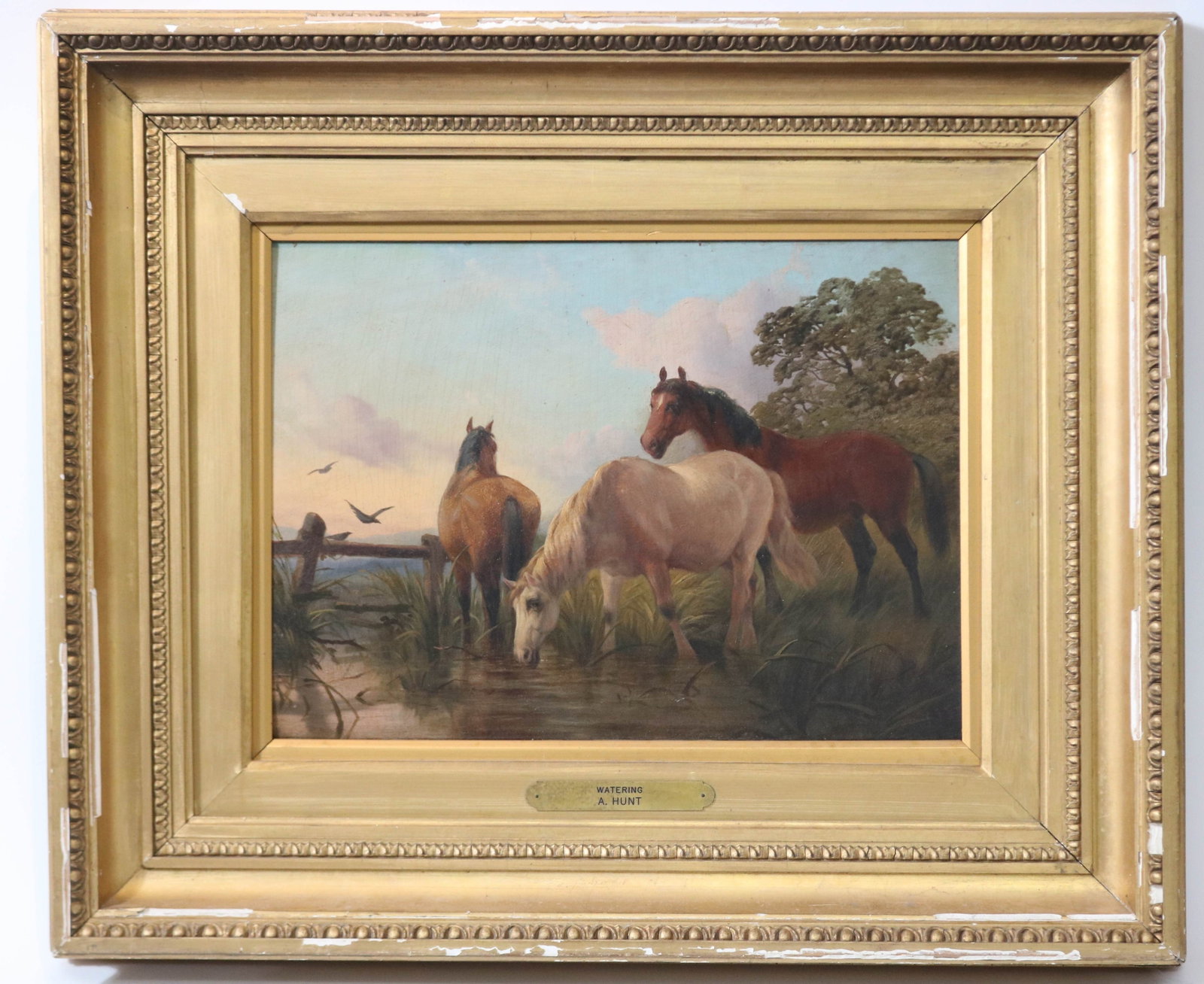 OIL ON BOARD, A. HUNT, ENTITLED"WATERING" 3: STANDING HORSES, 10 3/4" X 14 1/2" SIGHT, 20 1/4" X 24" OVERALL, AS IS FRAME