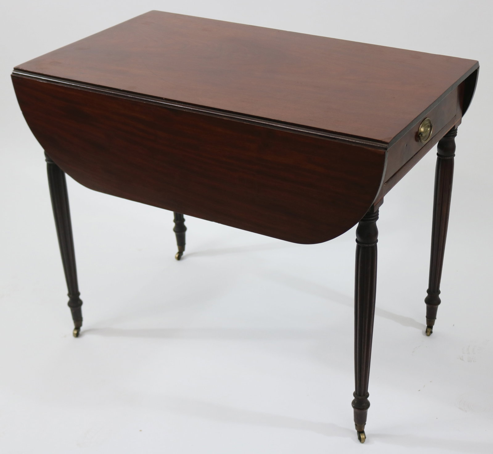 SHERATON DROP LEAF TABLE, MAHOGANY, 2 DRAWER: BRASS PULLS, TURNED REEDED LEGS, BRASS CASTERS, OLD REFINISHED CONDITION, INLAID BANDING, D SHAPED LEAVES, 29 1/2" H, 36" W, 21 3/4" D, 9 3/4" DROP LENGTH