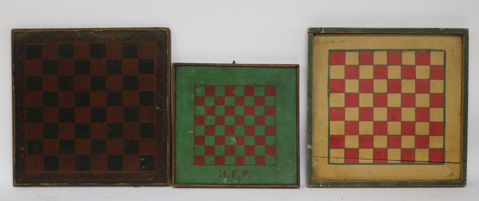 THREE 19TH C. PAINTED WOODEN GAME BOARDS, 12 3/4" (1 of 3)