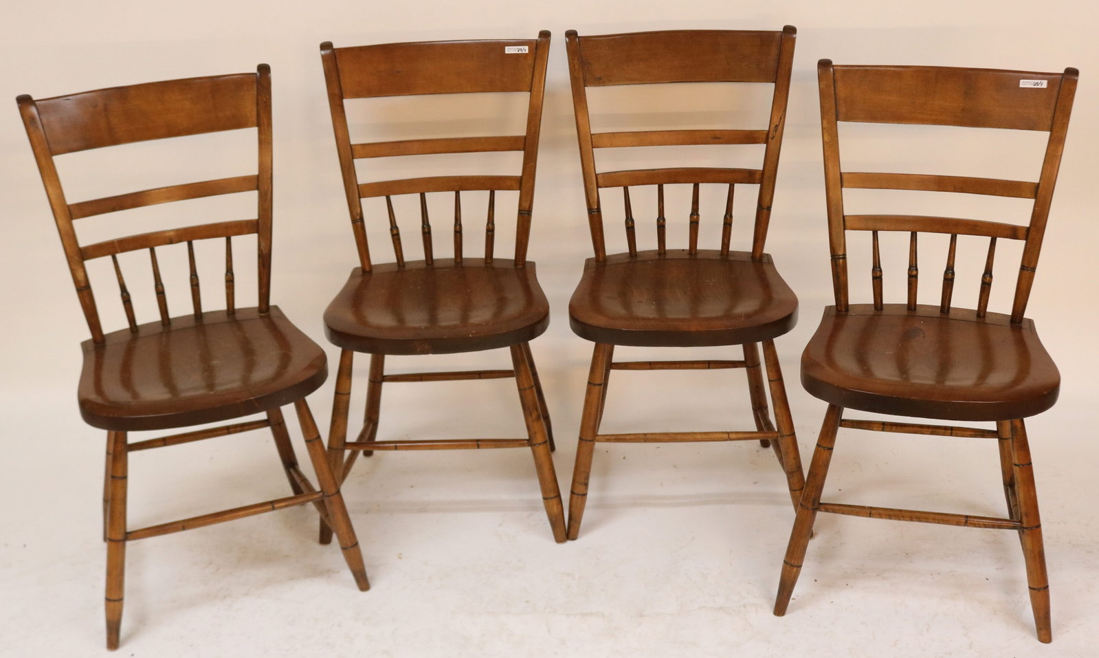 SET OF 4 HALF SPINDLE BACK SIDE CHAIRS, STAMPED: ST. STUART WARRENTED, REFINISHED PLANK SEATS, 34 1/4" H, 16 1/2" W, 16" D, 17" SEAT HEIGHT