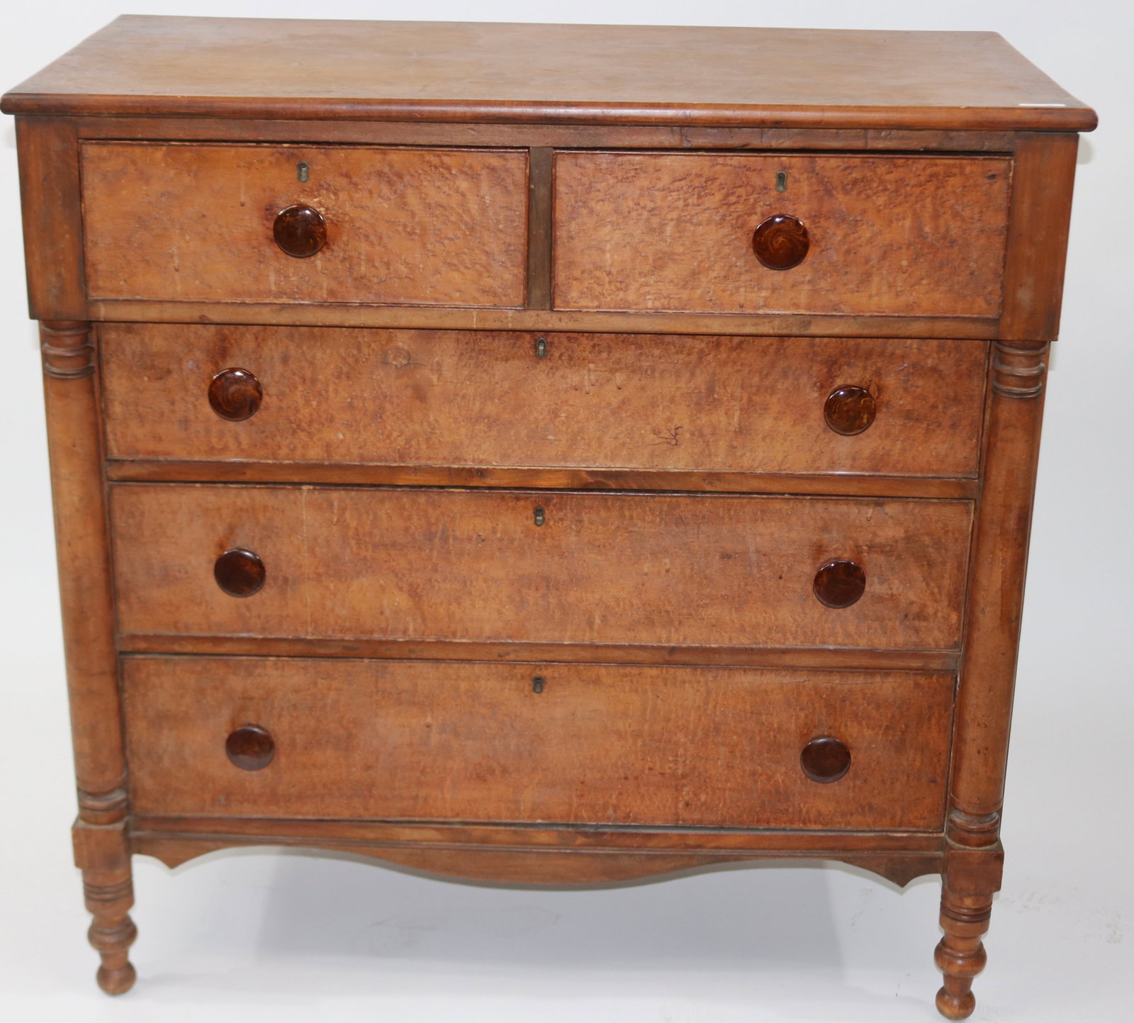 19TH C. FIGURED MAPLE COLUMN FRONT CHEST, 2 OVER: 3, TURNED FEET, BENNINGTON KNOBS, FLAT PANELED ENDS, OLD NATURAL FINISH, 42" H, 42 1/2" W, 21 1/4" D