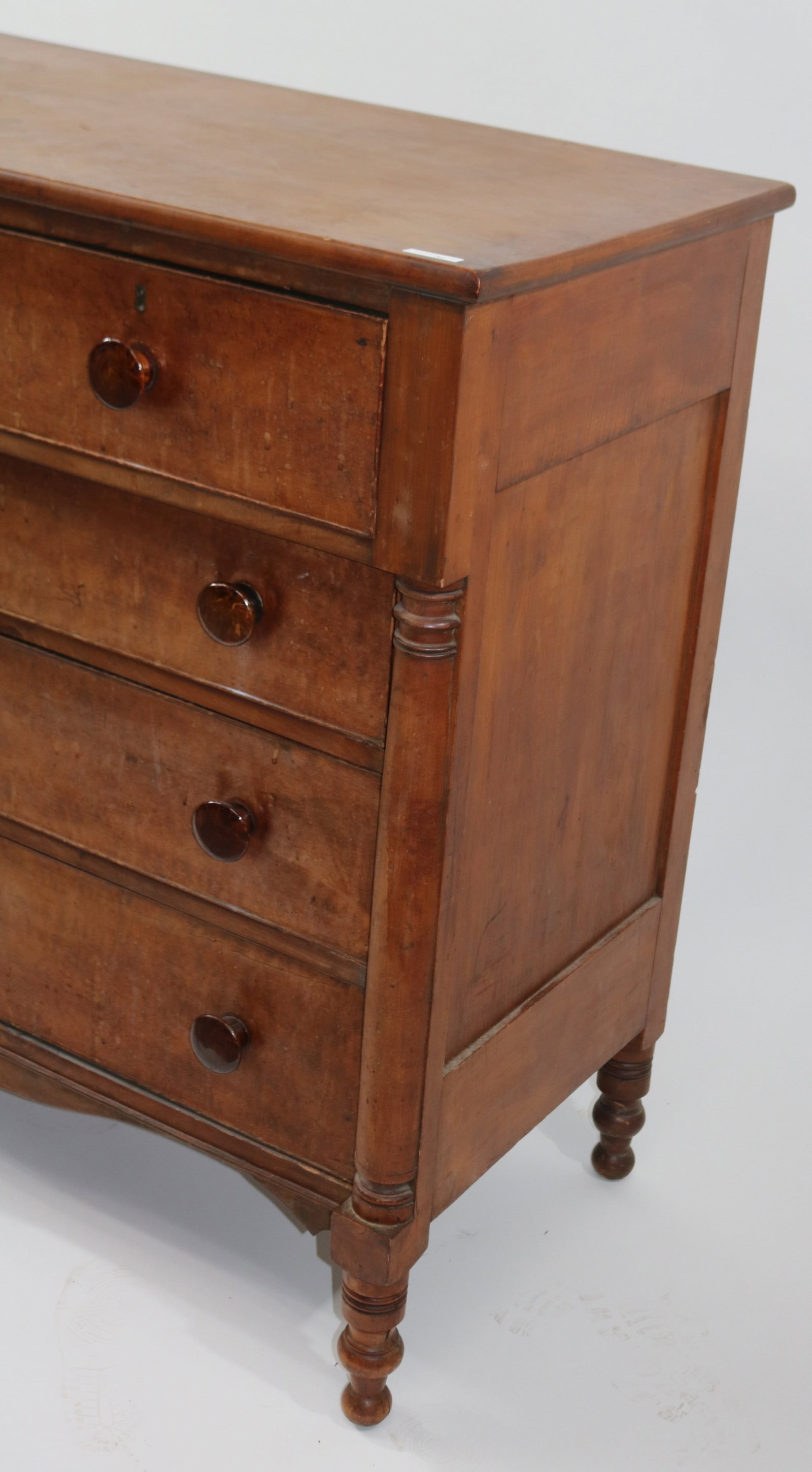 19TH C. FIGURED MAPLE COLUMN FRONT CHEST, 2 OVER - 2