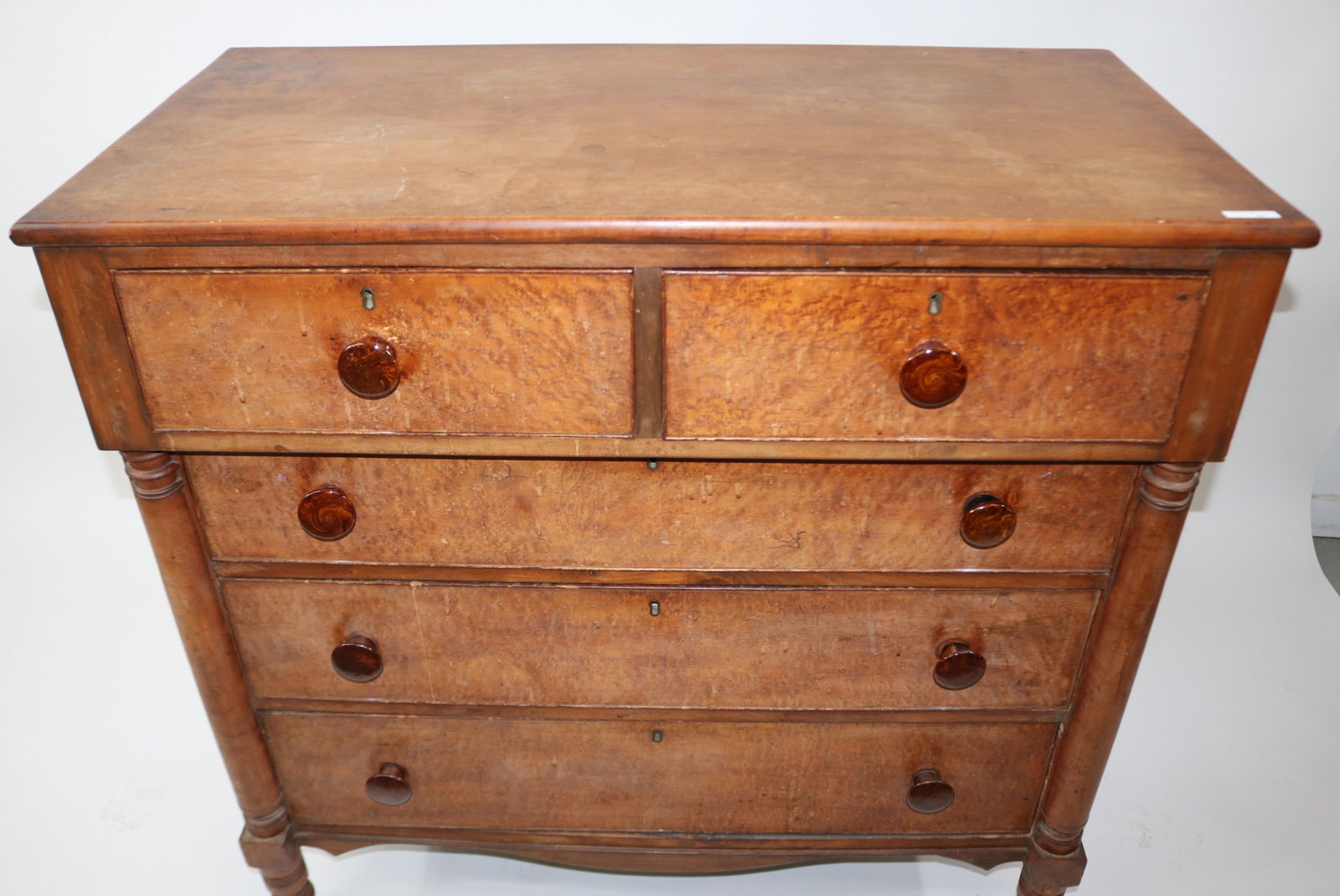 19TH C. FIGURED MAPLE COLUMN FRONT CHEST, 2 OVER - 3