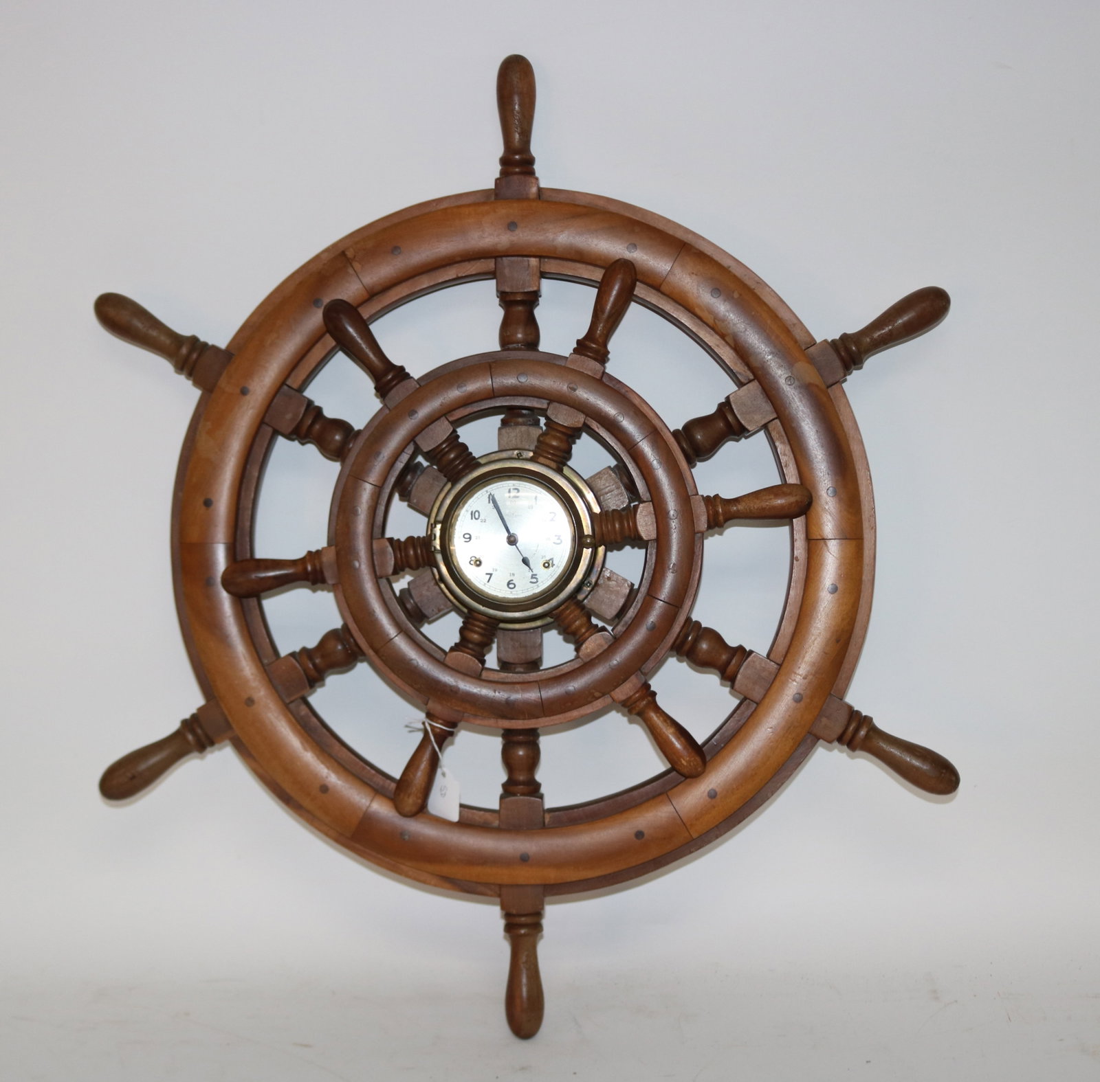 DOUBLE SHIP WHEEL CLOCK, TEAL WITH BRASS, GERMAN: CLOCK TIME & STRIKE, SPRINGS GOOD, UNKNOWN WORKING CONDITION, 30" DIA.