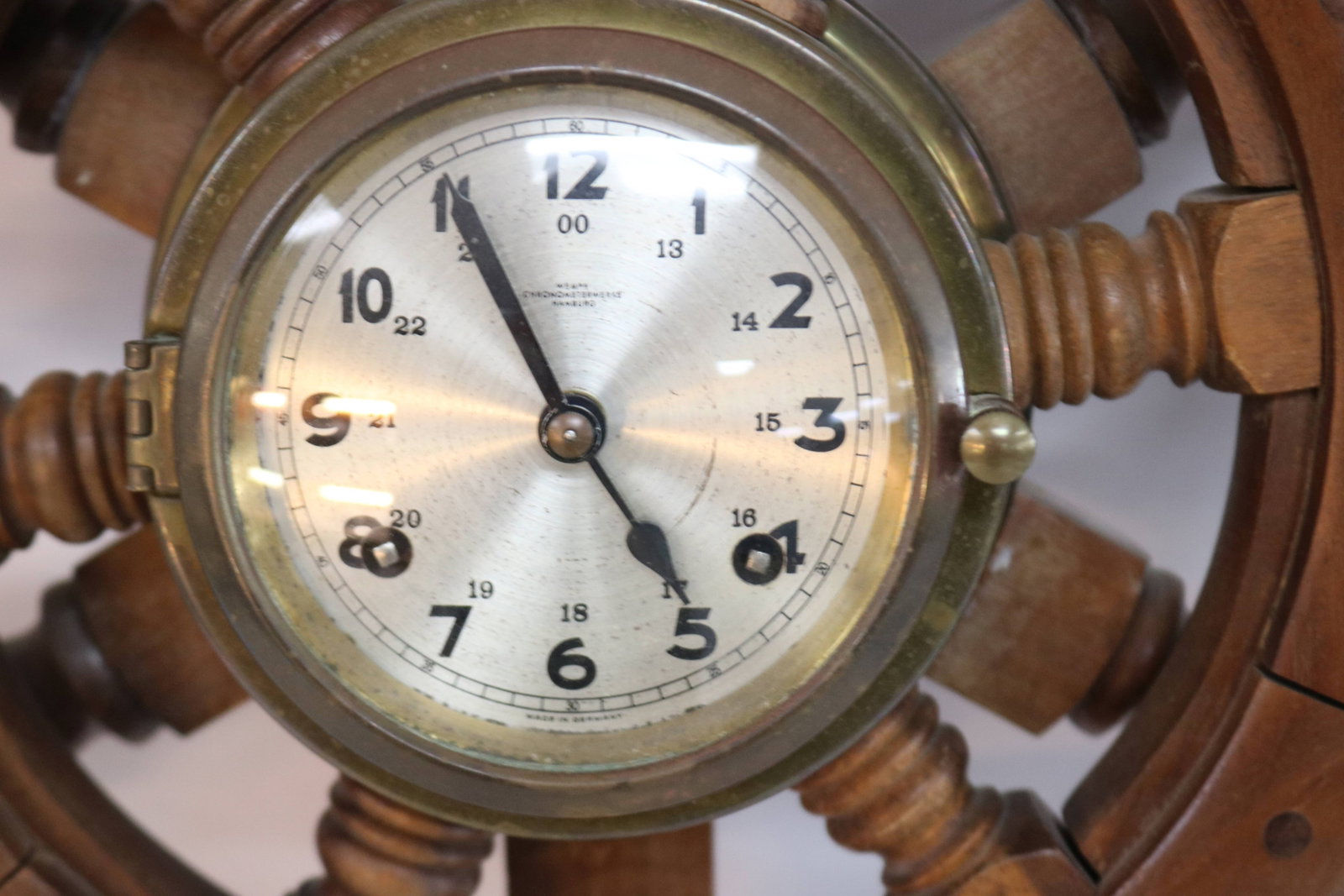 DOUBLE SHIP WHEEL CLOCK, TEAL WITH BRASS, GERMAN - 2