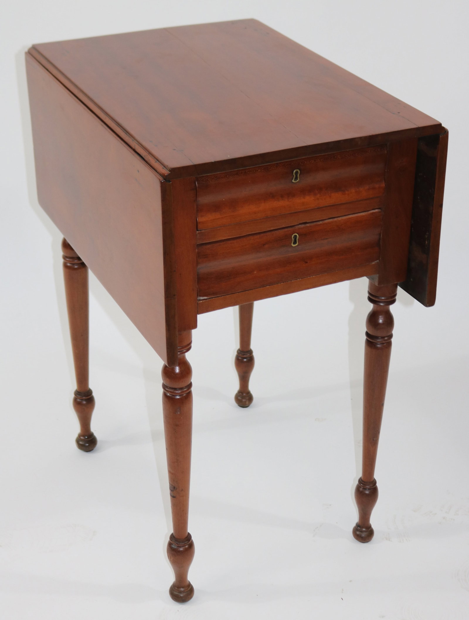 19TH C. DROP LEAF WORK TABLE, 2 DRAWERS, CHERRY &: MAHOGANY, TURNED LEGS, REFINISHED CONDITION, 30" H, 16 3/4" W, 23" D, 10 3/4" DROP LEAF
