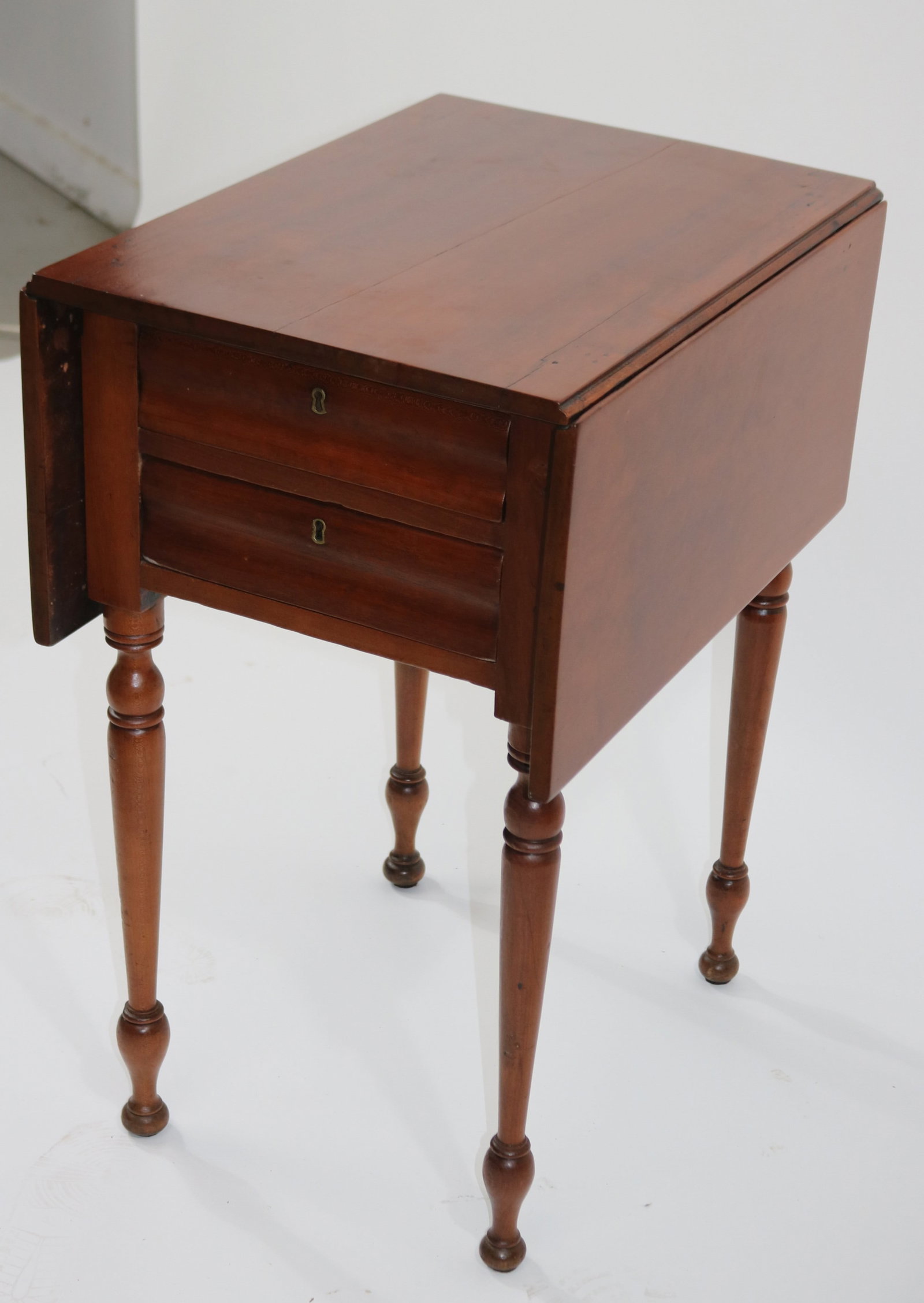 19TH C. DROP LEAF WORK TABLE, 2 DRAWERS, CHERRY & - 2