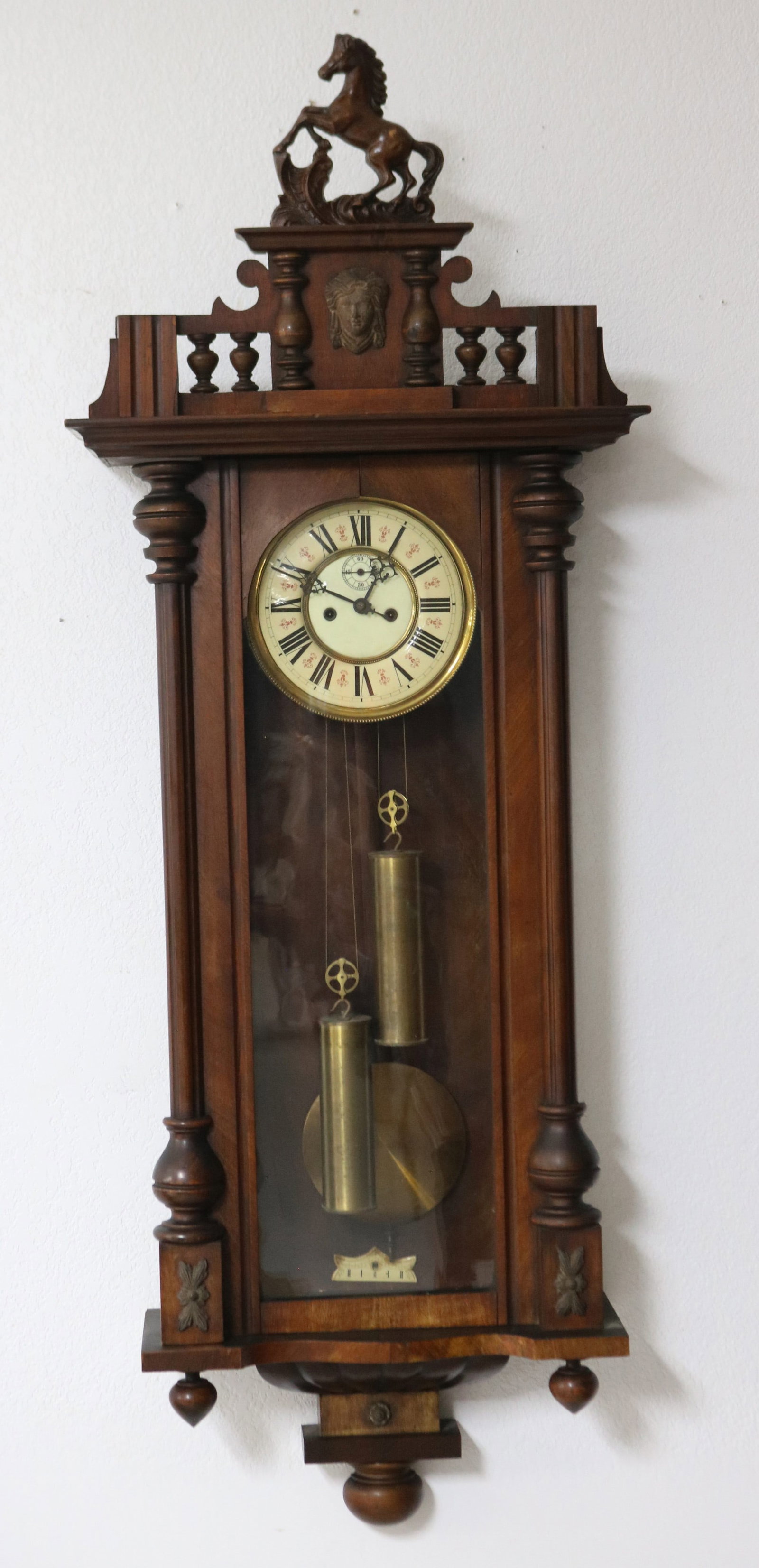 GERMAN WALNUT WEIGHT DRIVEN WALL CLOCK, TIME & (1 of 3)
