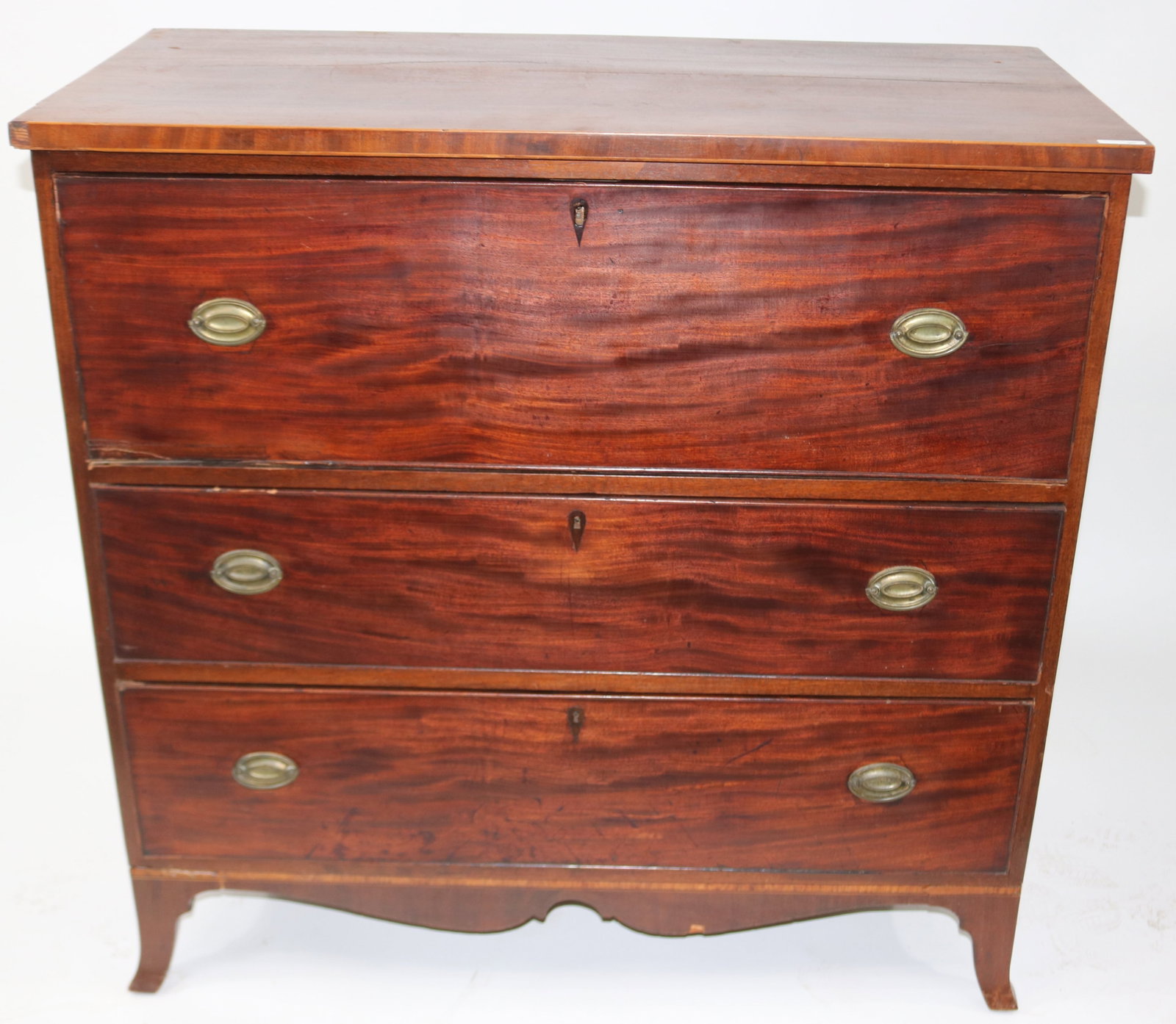 HEPPLEWHITE BUTLERS SECRETARY, PULL OUT TOP DESK: DRAWER, WITH FITTED TIGER MAPLE INTERIOR, BANDED INLAY, SOME MISSING, FRENCH FEET, BRASS HARDWARE, OLD FINISH, 41 3/4" H, 42 1/2", 20 3/4" D, AGE APPROPRIATE WEAR
