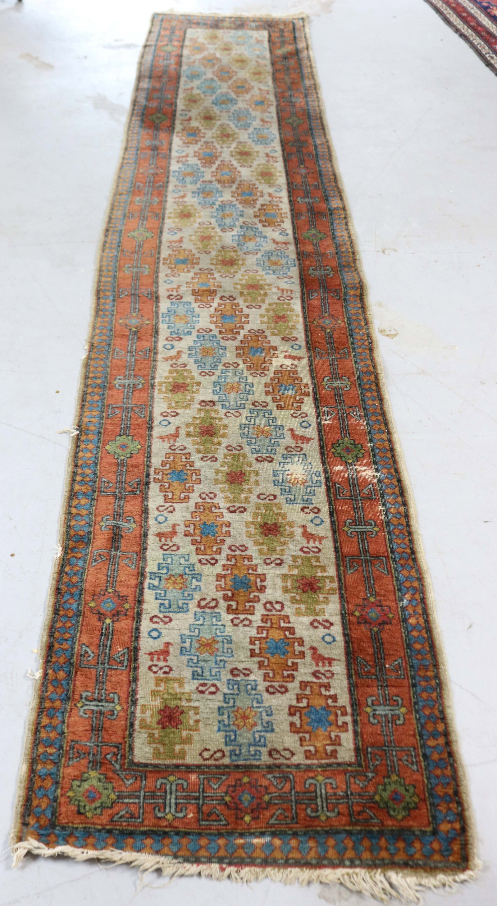 ANTIQUE ORIENTAL RUG, CAUCASIAN RUNER, GEOMETRIC: & ANIMAL DESIGNS, SHOWS WEAR, 2' 3" X 12'