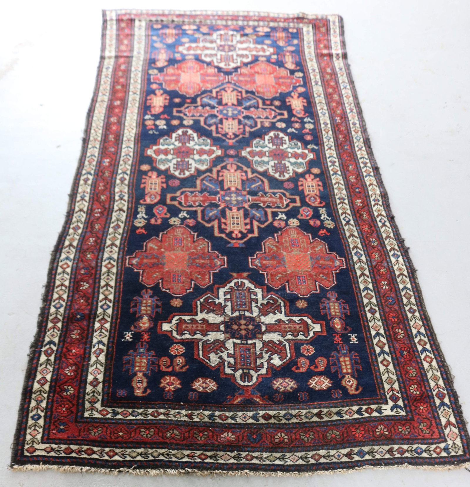 ANTIQUE ORIENTAL RUG, CAUCASIAN AREA RUG,: GEOMETRIC & ANIMAL FIGURES, 3' 9" X 8' 2", SHOWS SOME WEAR