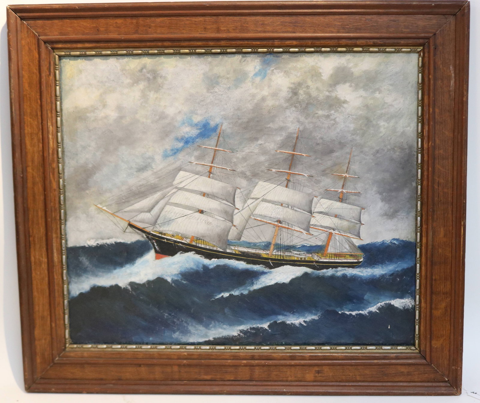 OIL ON CANVAS, 3 MASTED SHIP AT SEA, (1 of 3)