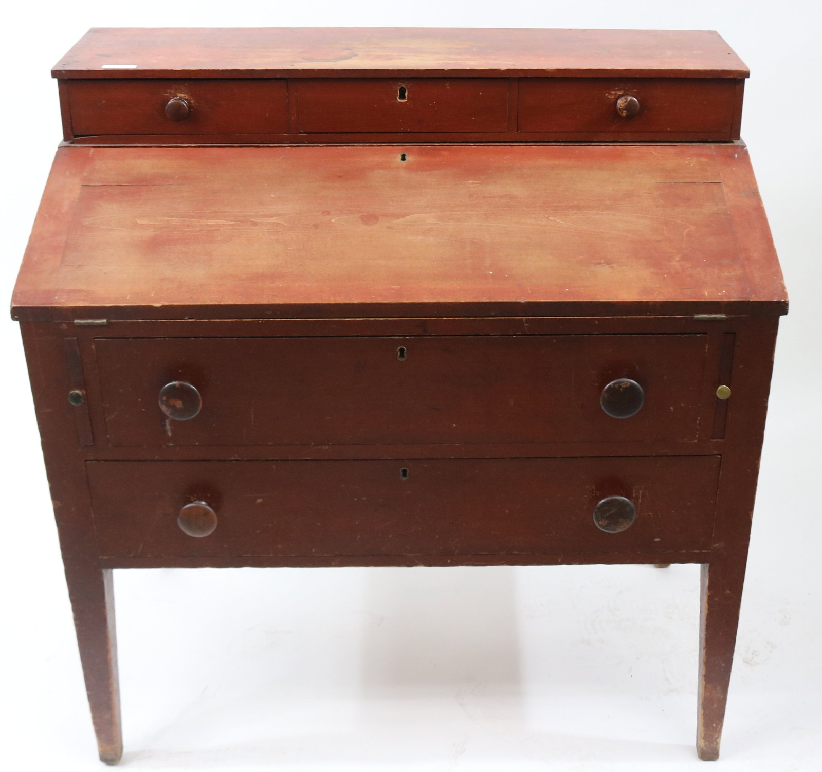 COUNTRY HEPPLEWHITE DESK, RED FINISH, SHAKER?,: POPLAR, 3 DRAWERS OVER FALL FRONT, PULL OUT SLIDES, 2 DRAWERS, TAPERED LEGS, PANELED ENDS, FROM SODUS BAY AREA NY 38 1/4" H, 37" W, 20 1/2" D