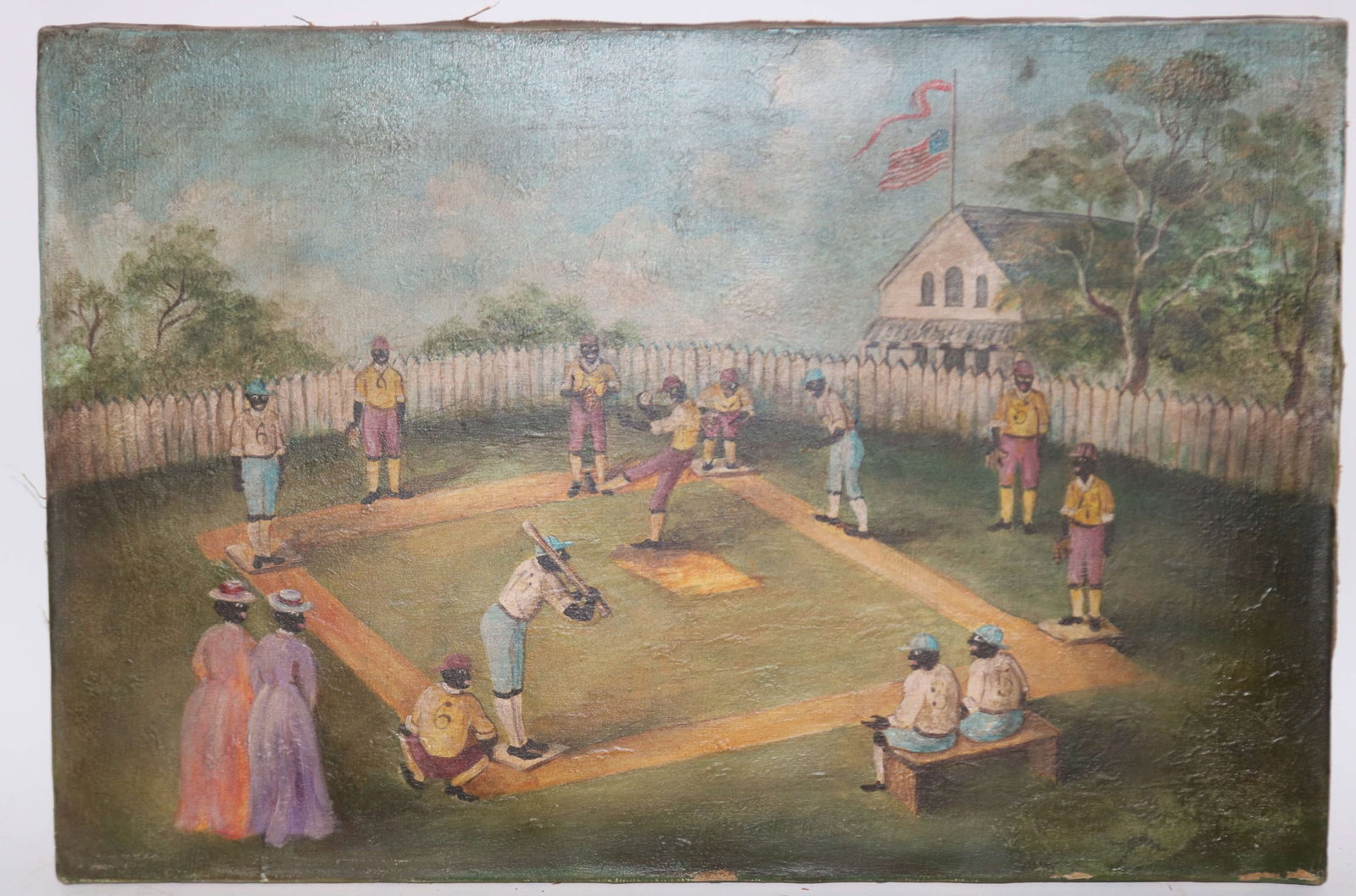OIL ON CANVAS, PRIMITIVE PAINTING OF NEGRO LEAGUE: BASEBALL TEAM, UNFRAMED, 12 1/2" X 18 3/4", 20TH C.