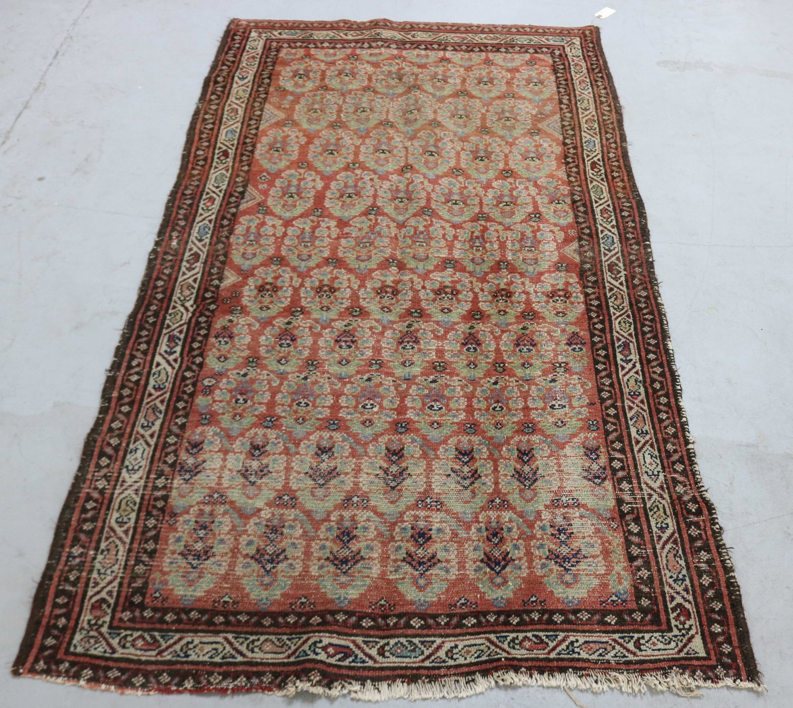 ORIENTAL RUG, HAMADAN, GEOMETRIC FLORAL DESIGNS,: SHOWS WEAR, 3' 6" X 6' 4"
