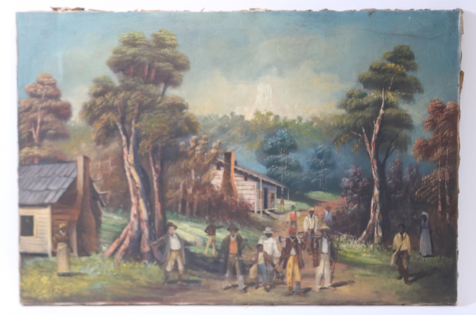 FOLK ART PAINTING, SHARE CROPPER SCENE, EARLY MID: 20TH C. SIGNED LOWER RIGHT, OIL ON CANVAS, UNFRAMED, 24" X 35 1/2", SHOWS ROUGHAGE TO EDGES, LATER STRETCHER, SHOWS 3 PATCHES