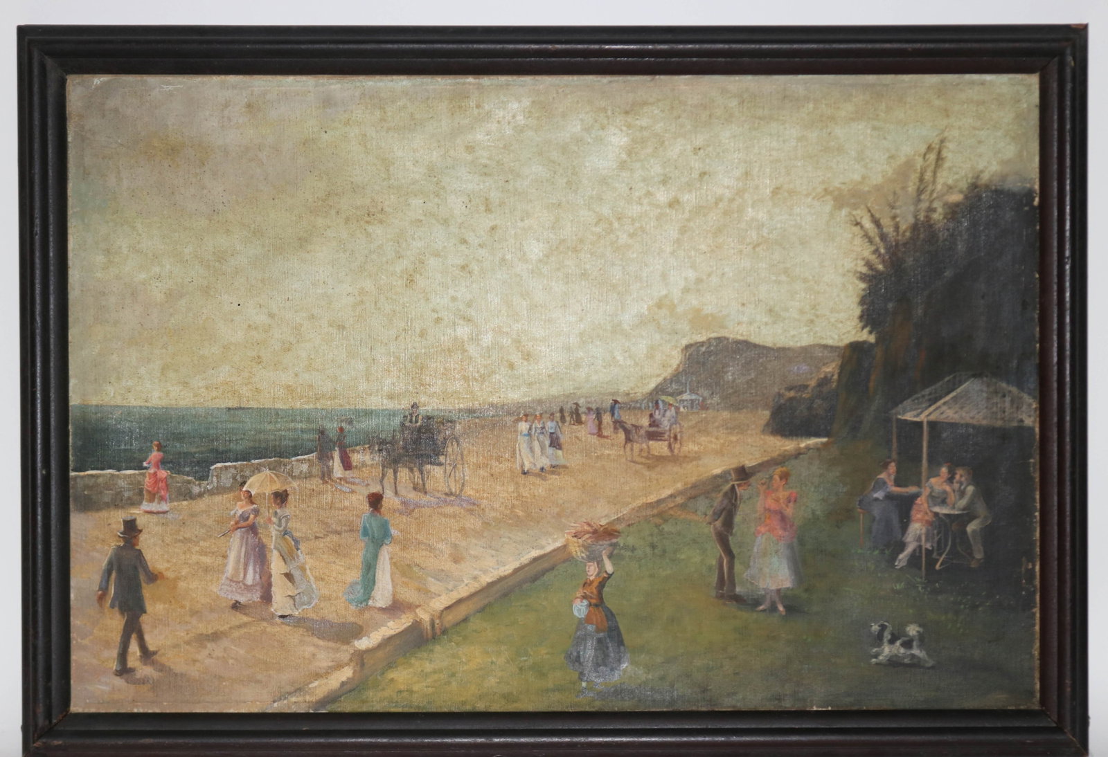 OIL ON CANVAS, LATE 19TH C. SHOW FIGURE ALONG: SHORE LINE, 20" X 30 1/4" SIGHT, 23" X 33 1/2", OVERALL WOOD FRAME, UNSIGNED