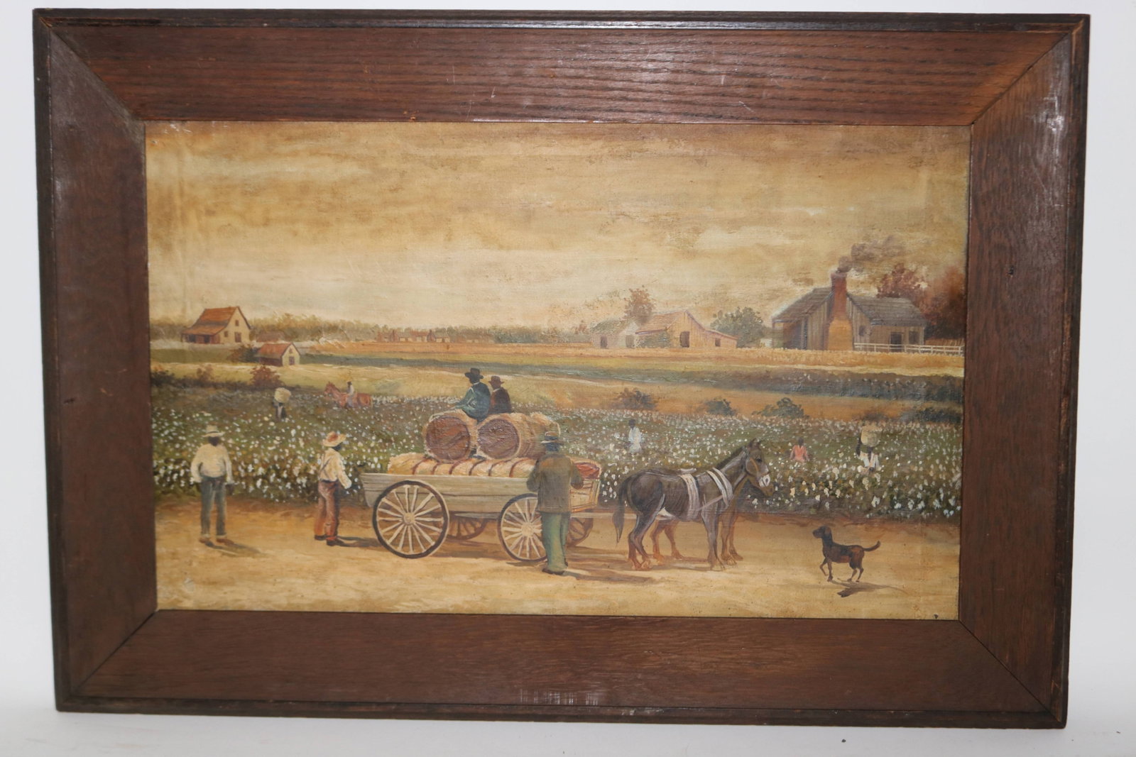 PRIMITIVE OIL ON CANVAS, SHARE CROPPERS, EARLY TO: MID 20TH C. 16" X 16" SIGHT, 22 1/4" X 32 1/2" OVER ALL