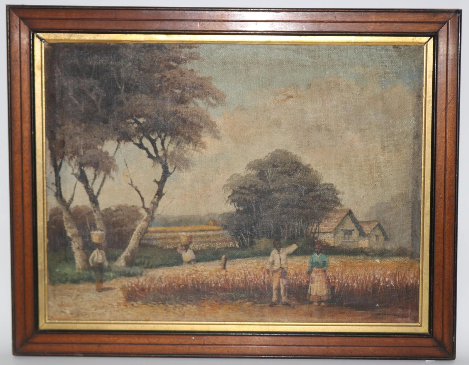 PRIMITIVE OIL ON CANVAS, SHARE CROPPERS, EARLY TO: MID 20TH C., 15 3/4" X 19 5/8" SIGHT, 19 1/2" X 24 1/2" OVERALL WOOD FRAME