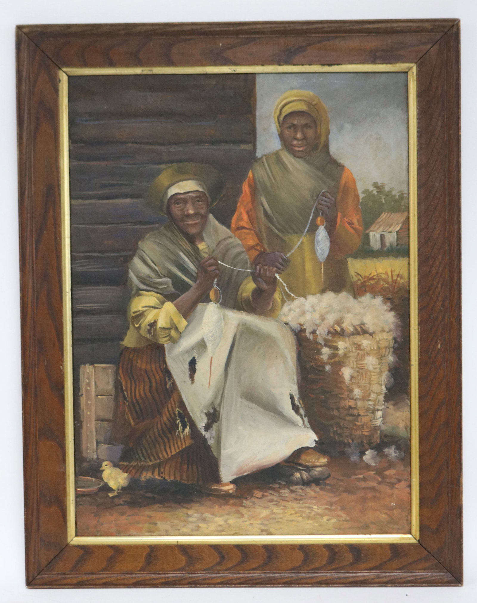 PRIMITIVE OIL ON CANVAS, 2 WOMEN WITH COTTON, 27: 1/2" X 19 3/4" SIGHT, 33" X 25 1/2" OVERALL, EARLY TO MID. 20TH C.