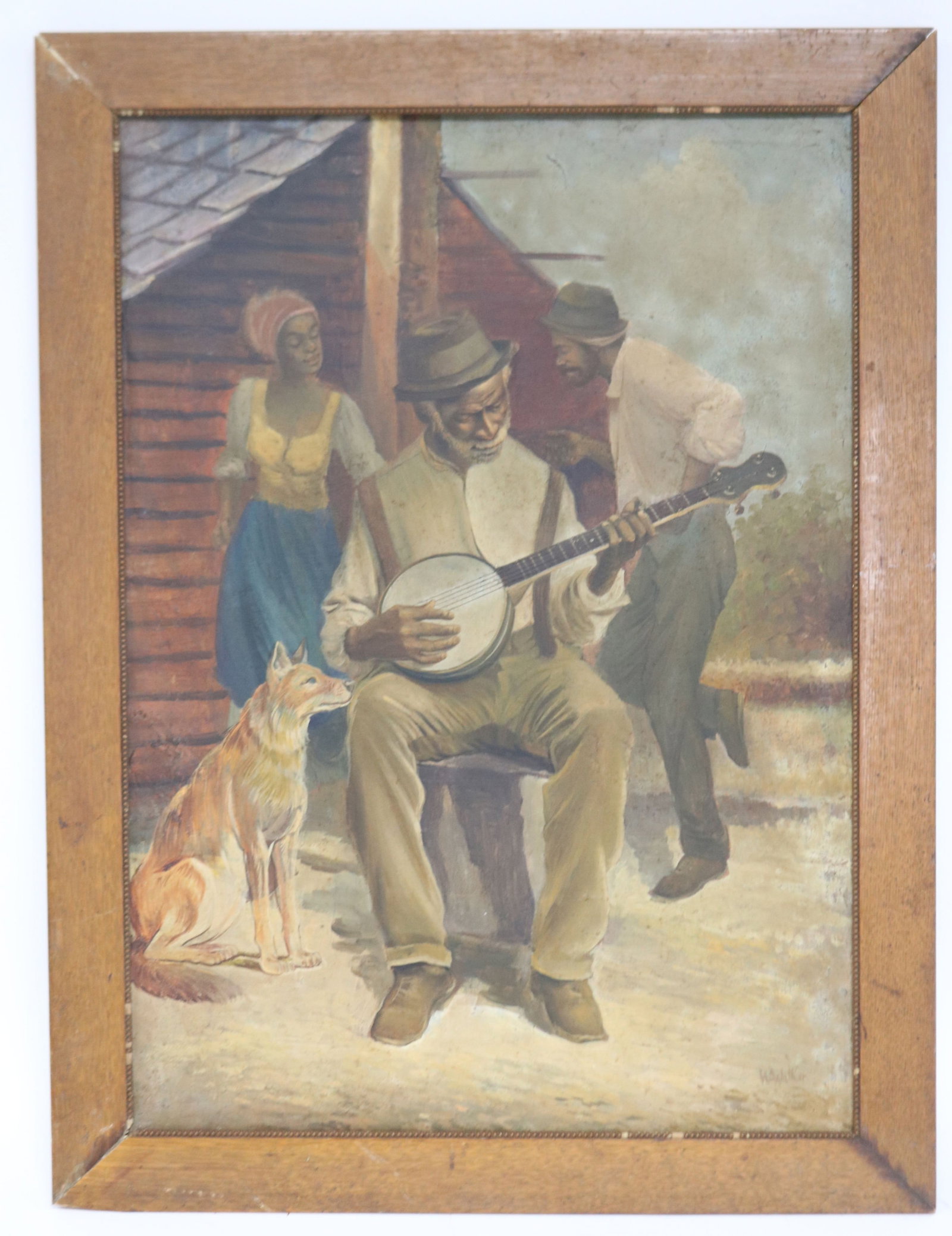 PRIMITIVE OIL ON CANVAS, BANJO PLAYER & DANCERS,: 24 1/4" X 17 3/8" SIGHT, 27 1/2" X 20 3/4" OVERALL, EARLY - MID 20TH C.