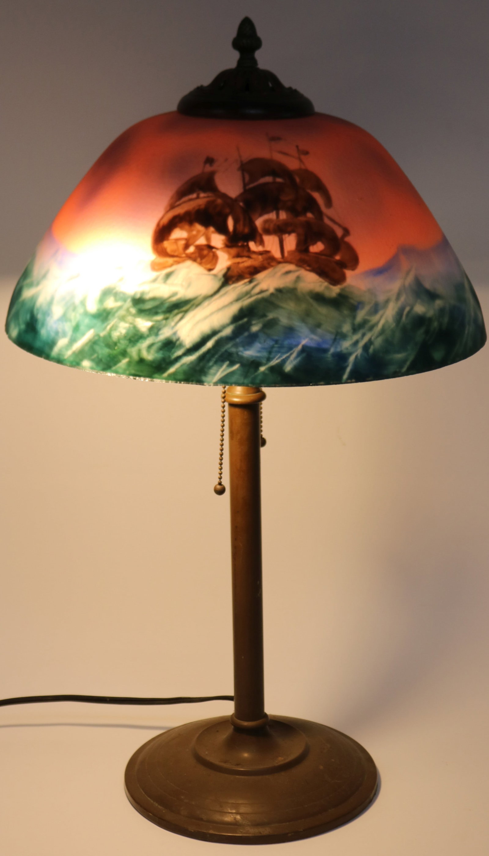 REVERSE PAINTED TABLE LAMP, TEXTURED SHADE WITH: SHIP MOTIF, BRASS BASE, 25" H, 14 3/4" DIA.