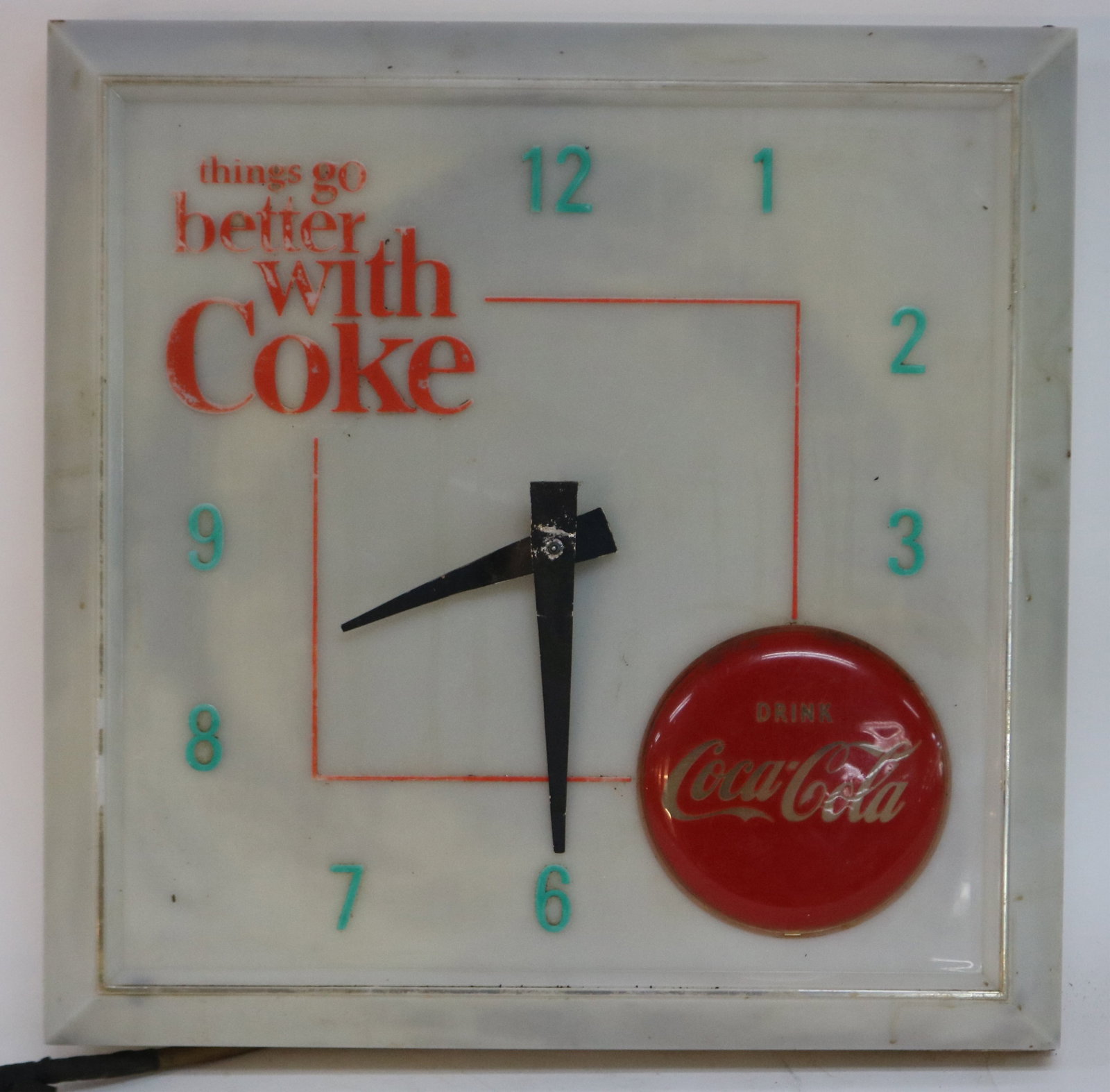COCA COLA ADVERTISING CLOCK, C. 1960s, NEEDS (1 of 2)