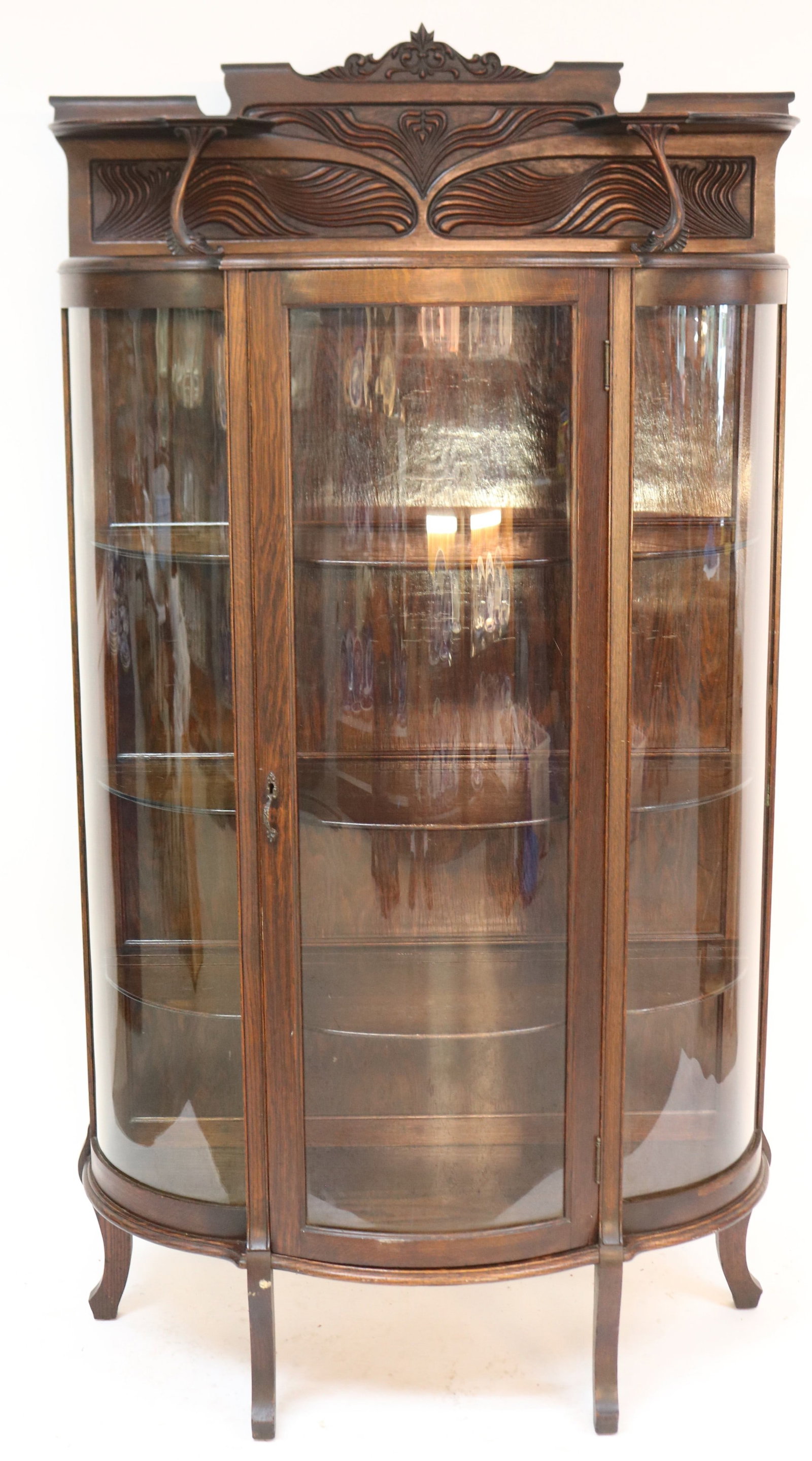 VICTORIAN OAK CURVED CHINA CLOSET: WITH FANCY CARVED CRESK, ORIGINAL FINISH, 72 1/2" H, 39 1/4" W, 16" D, FRONT & SIDE PANEL REPLACED WITH PLASTIC, 3 SHELVES