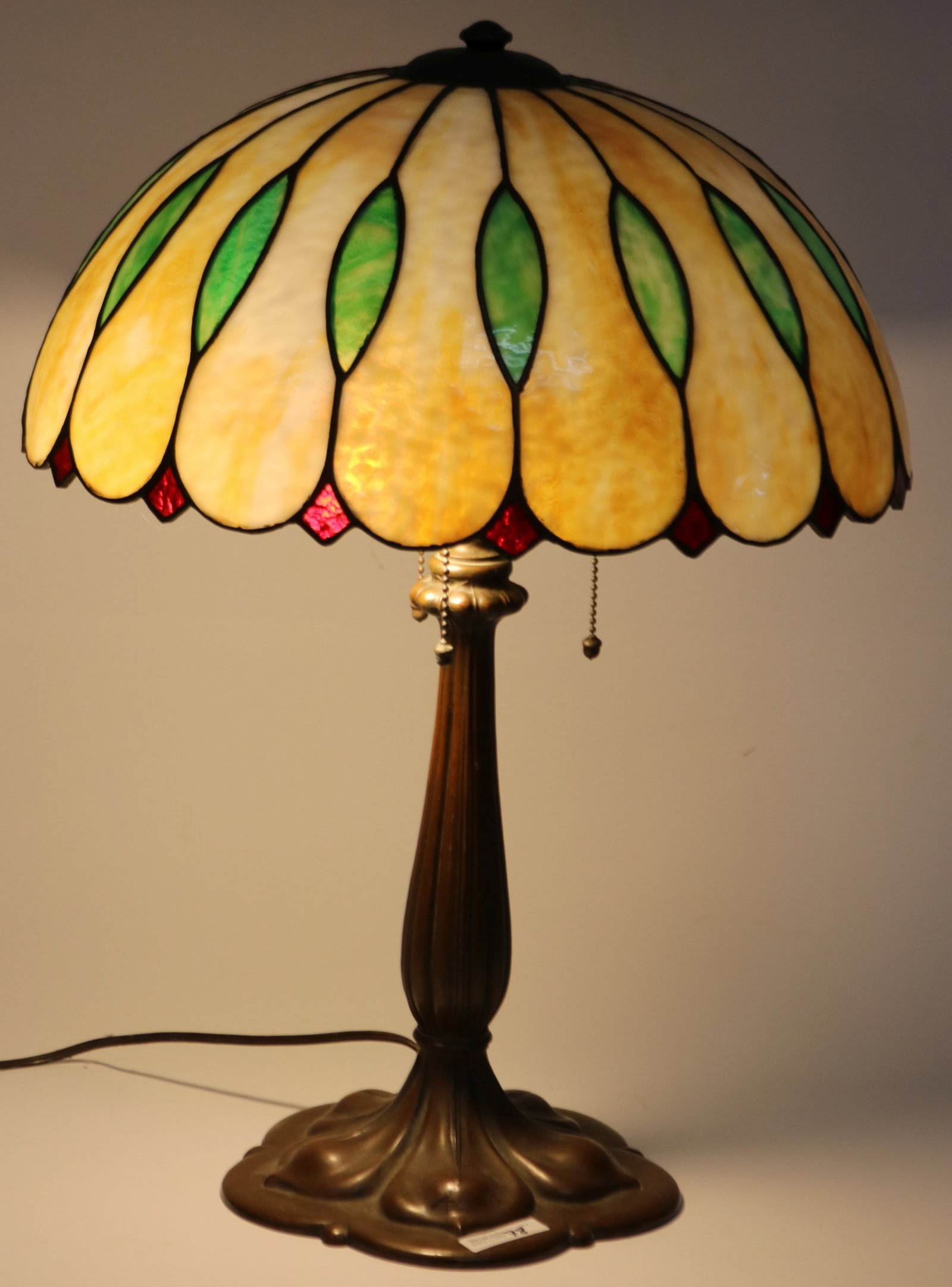 LEADED GLASS TABLE LAMP, HANDEL STYLE BASE, RED, (1 of 3)