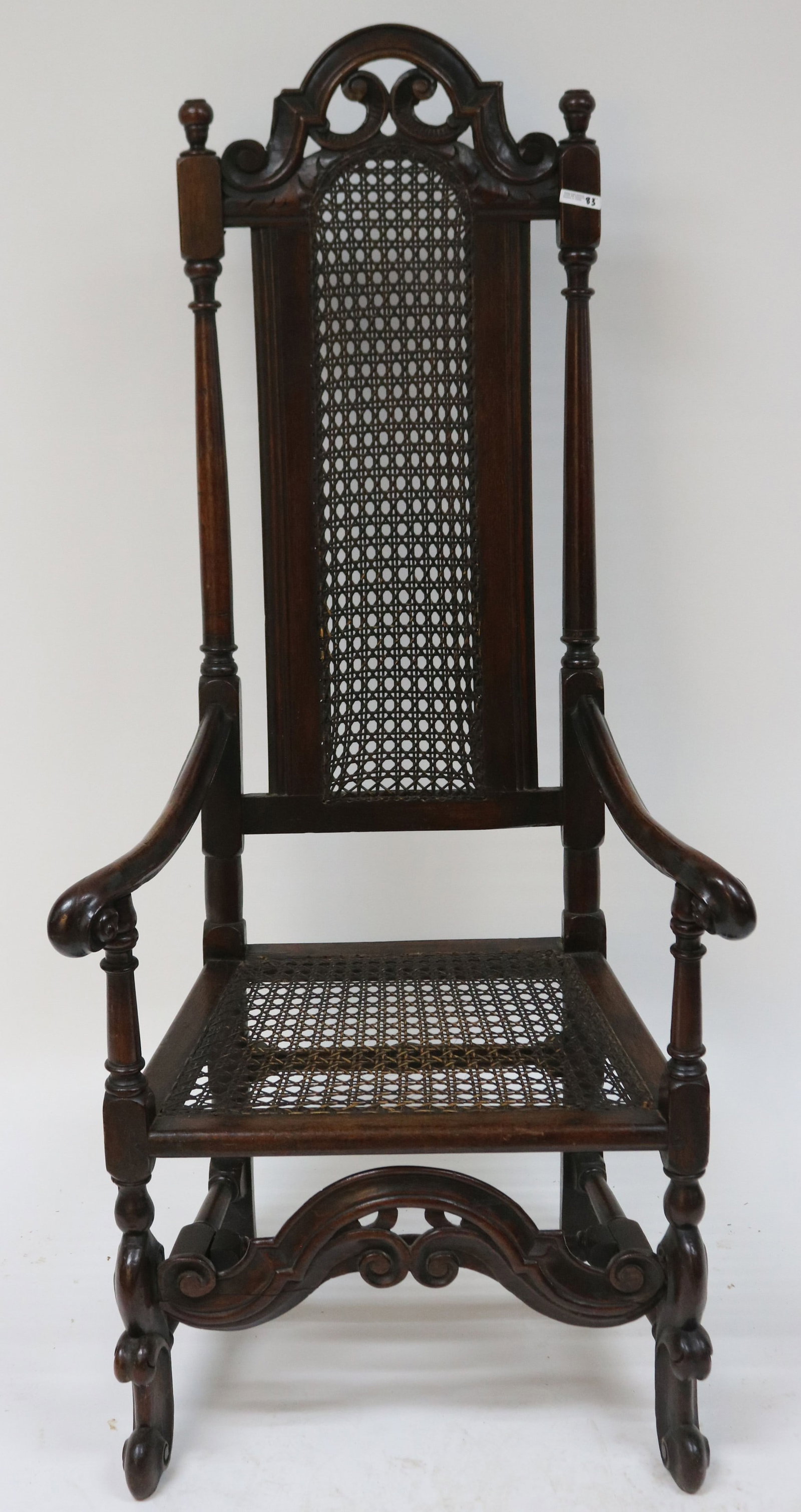 CUSTOM JACOBEAN STYLE ARMCHAIR, MAHOGANY, OLD: FINISH, CARVED CREST, CANE BACK & SEAT, CARVED STRETCHER, 54 1/4" H, 25 1/2" W, 21" D, 15 1/2" SEAT HEIGHT, GOOD CONDITION