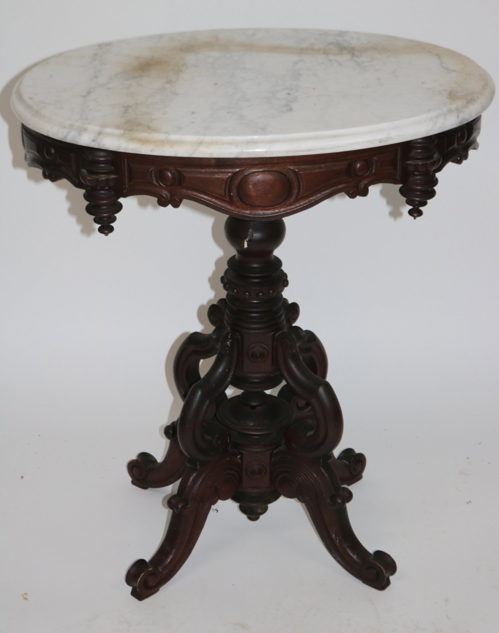 ORNATE VICTORIAN WALNUT OVAL MARBLE TOP TABLE, - 2