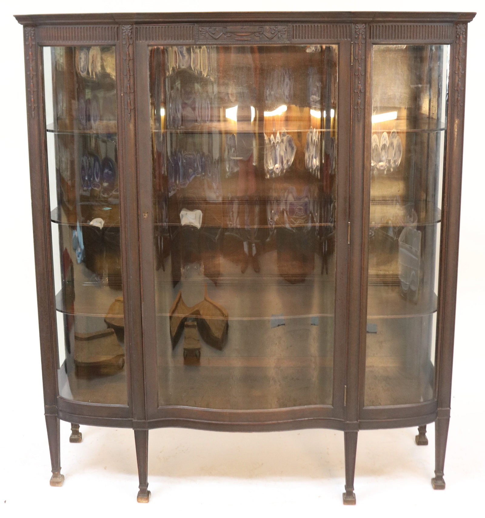 SERPENTINE FRONT MAHOGANY CHINA CABINET,: HEPPLEWHITE STYLE, 3 SHELVES, OLD FINISH, 60 3/4" H, 53 1/4" W, 17" D, MADE BY GRAND RAPIDS CHAIR CO.