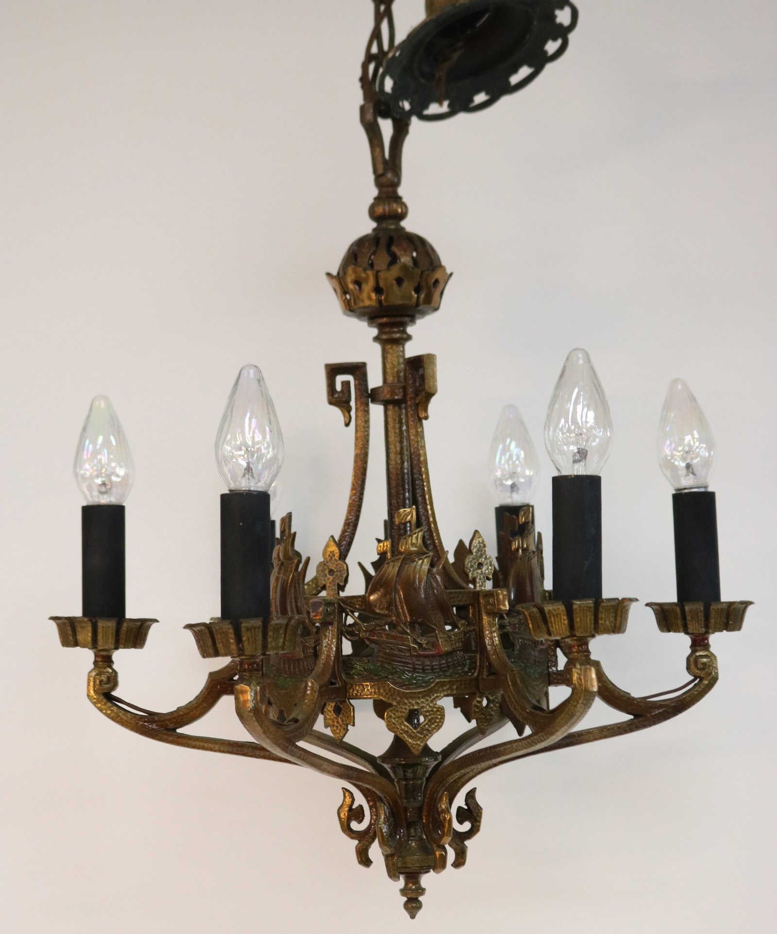 ORNATE CAST BRASS 6 LITE CHANDLIER WITH SHIP: MOTIFS, 25" H, 22" DIA., POLYCHROME DECORATED FINISH