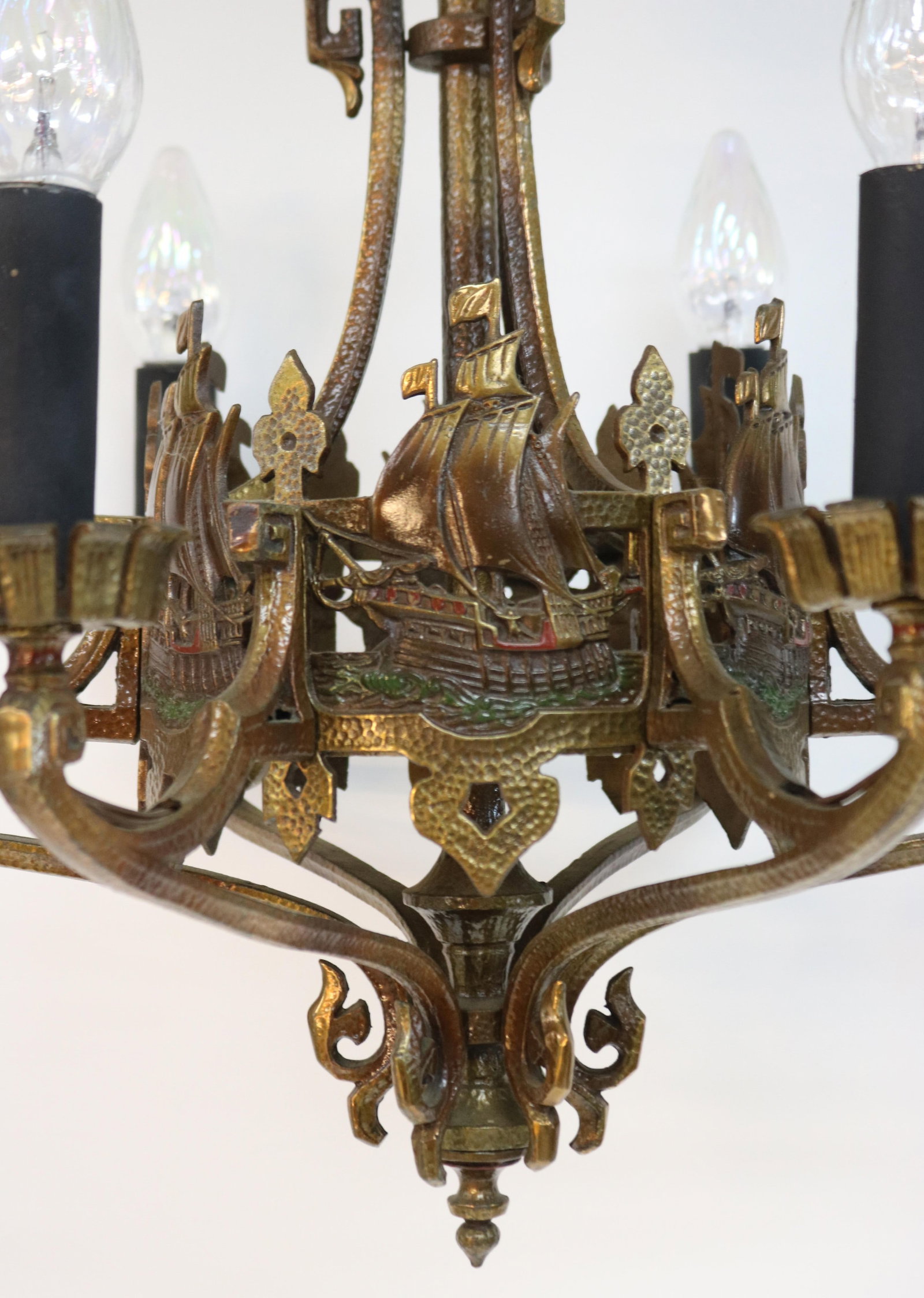 ORNATE CAST BRASS 6 LITE CHANDLIER WITH SHIP - 2