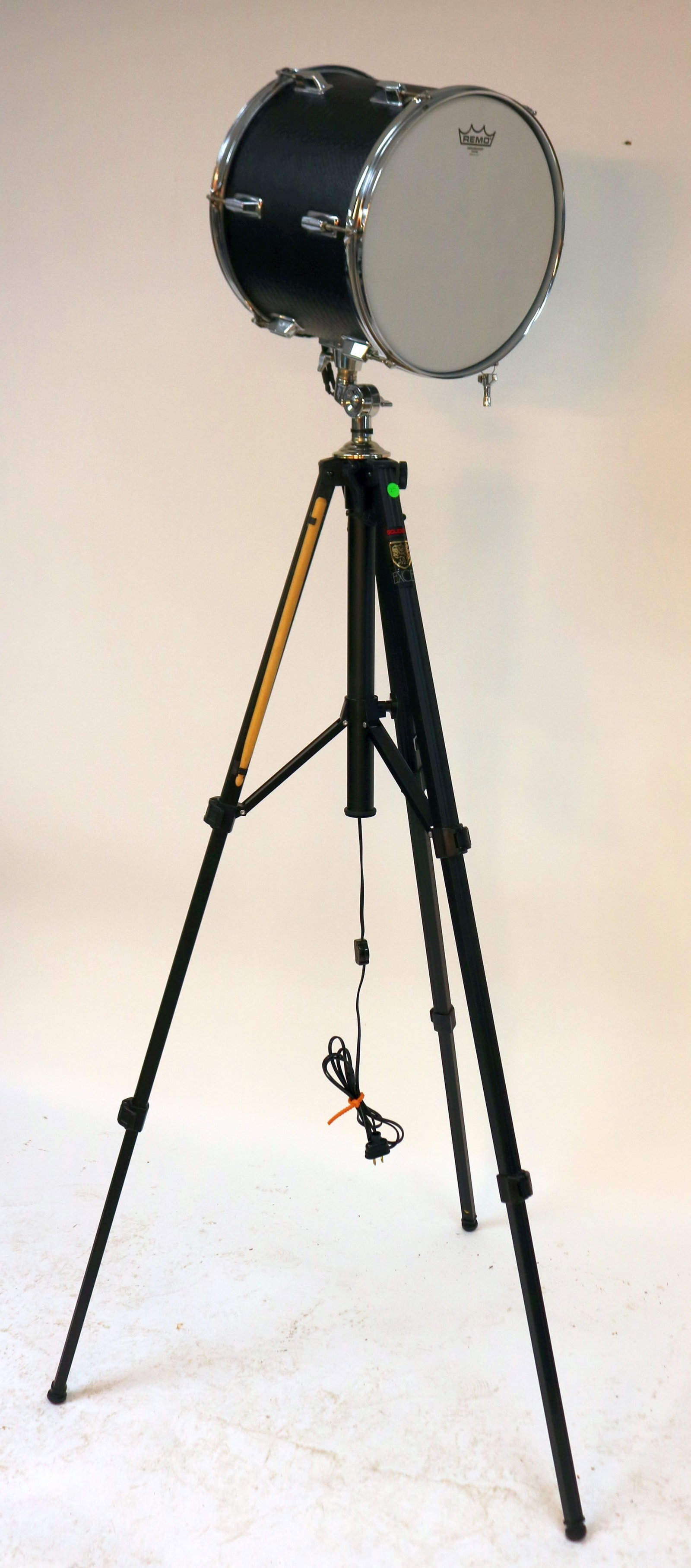 CUSTOM DRUM/FLOOR LAMP, ADJUSTABLE TRIPOD,: OVERALL 76 1/2" H, DRUM DIA. 13 1/2"