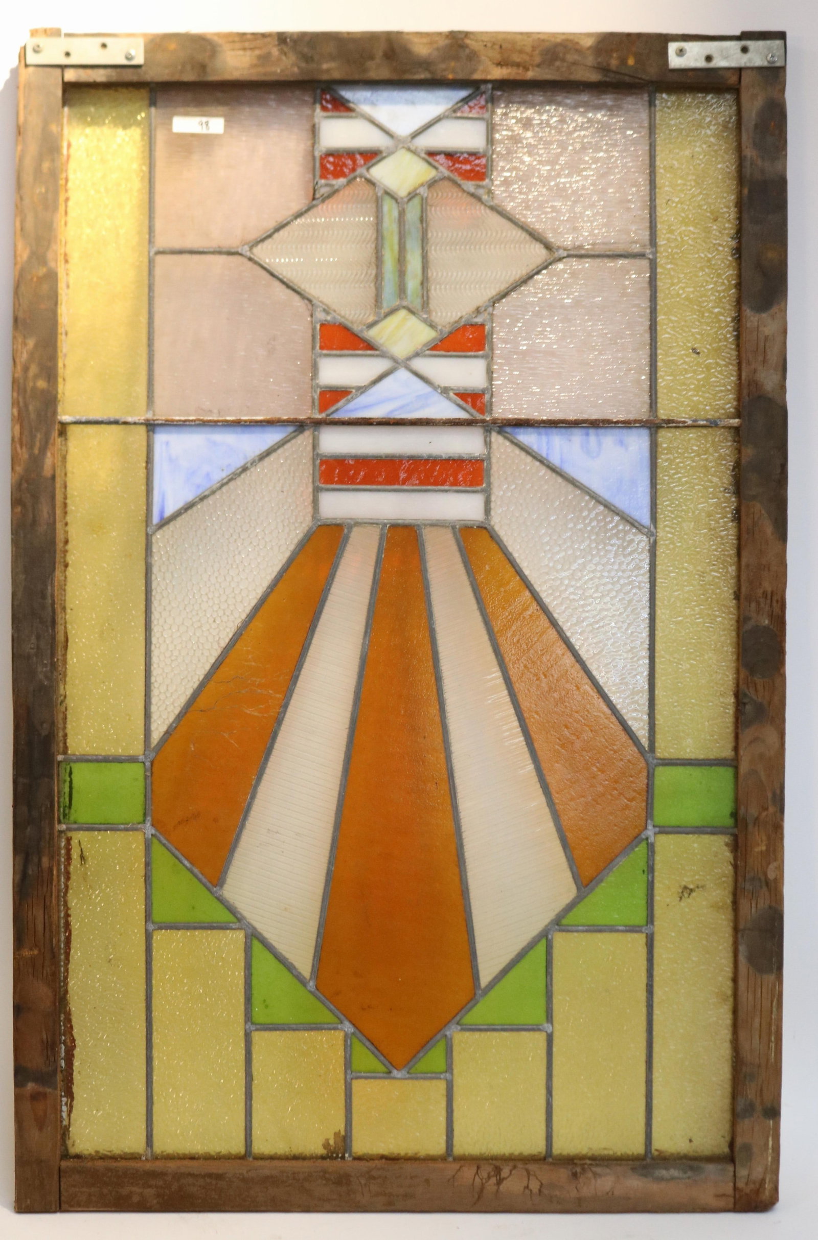 LARGE ART DECO LEADED GLASS WINDOW, GEOMETRIC (1 of 1)