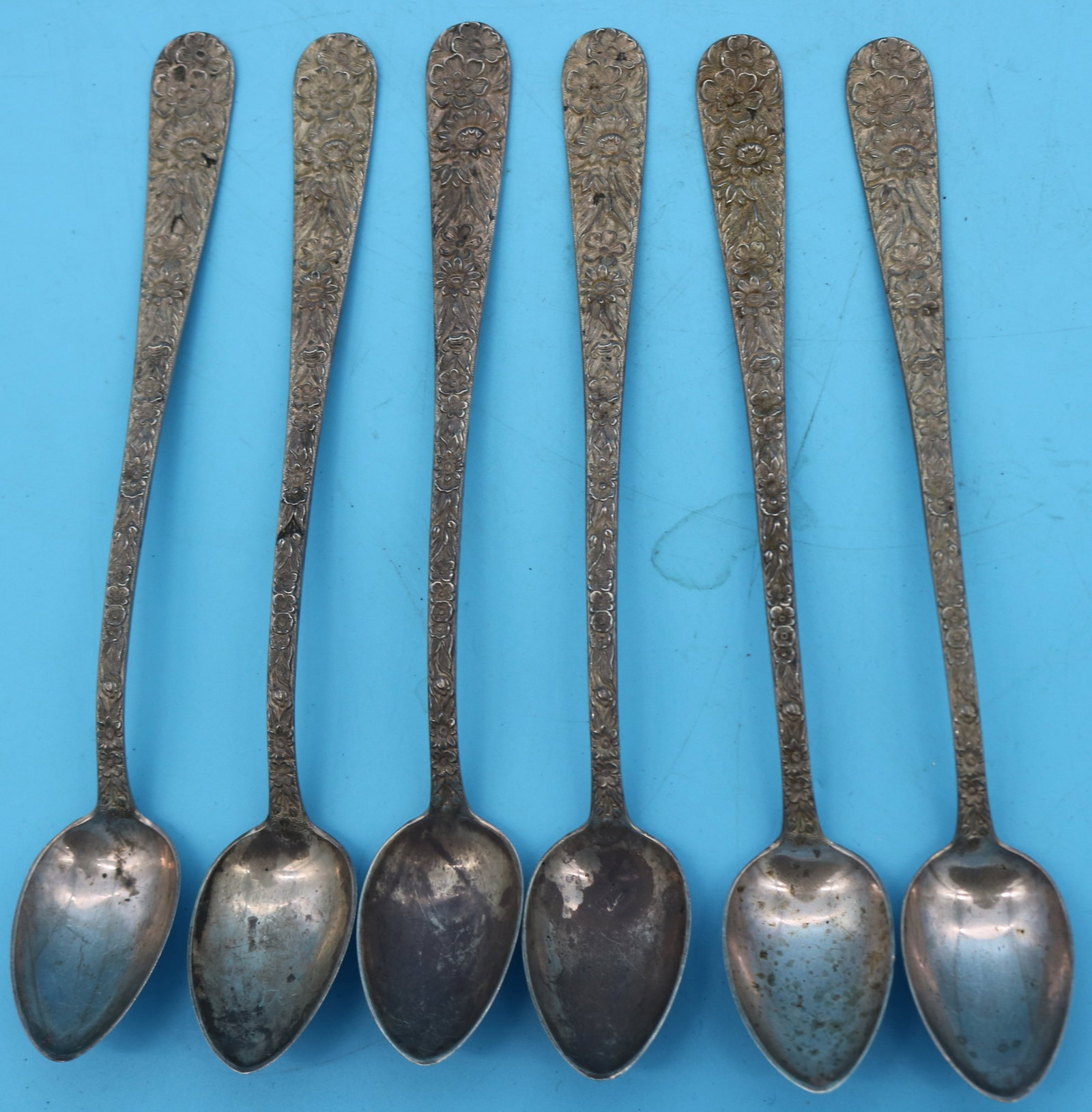 SET 6 KIRL STERLING ICE TEA SPOONS, FLORAL: REPOUSSE DESIGN, 7 1/2" L, 7.3 OZT, MONOGRAM ON BACK