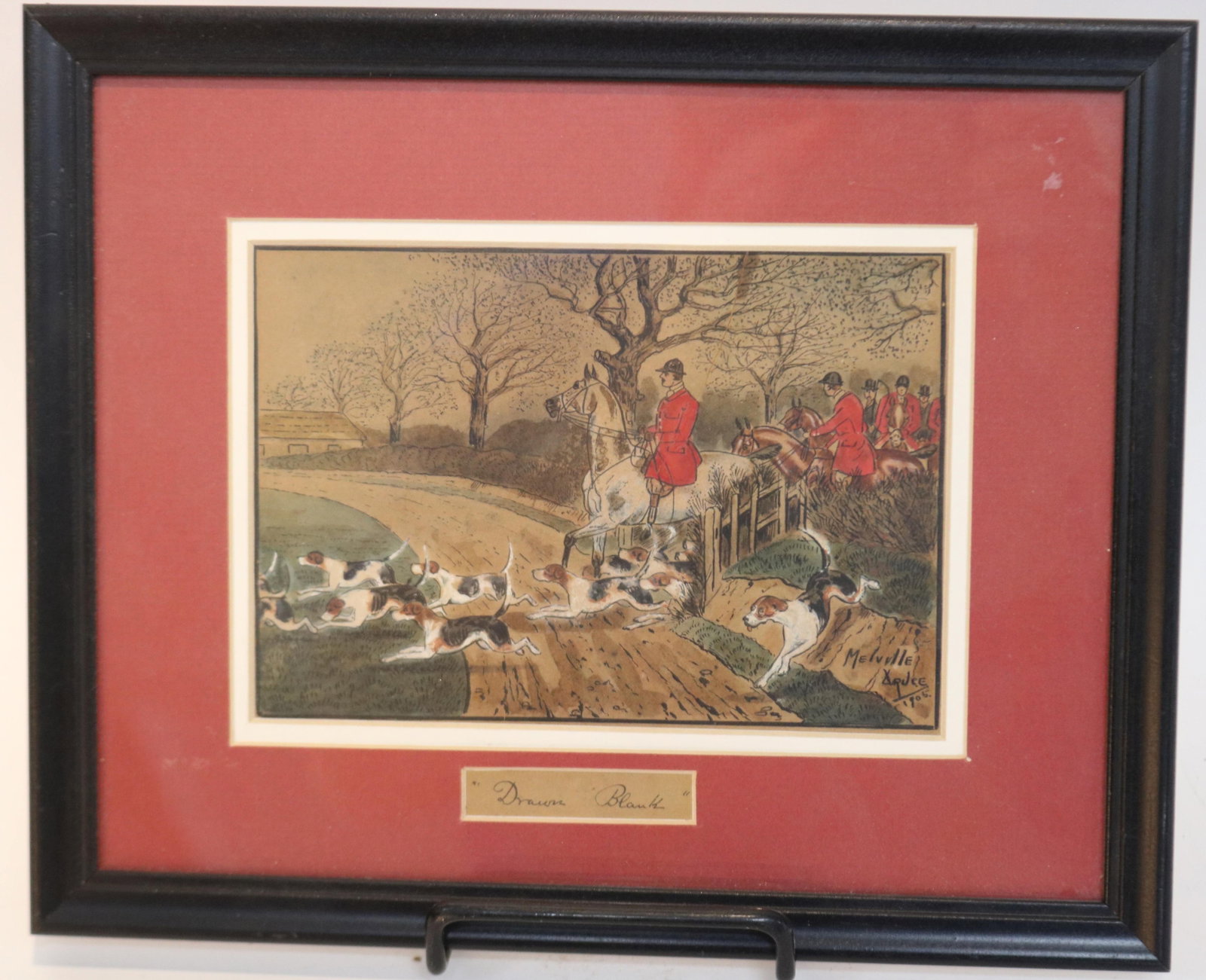 MELVILLE WATER COLOR TITLE"DRAWN BLANK" FRAMED &: MATTED, 4.5" H, 6.5" W SIGHT, 8 3/4" X 10 3/4" OVERALL, DATED 1902