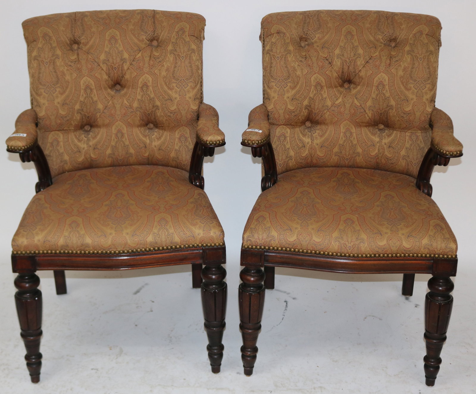 PAIR CONTEMPORARY REGENCY STYLE ARM CHAIRS,: MAHOGANY, UPHOLSTERED BACK, SEAT & ARMS, GOOD CONDITION, 37 1/2" H, 24" W, 20" D, 19 1/2" SEAT HEIGHT